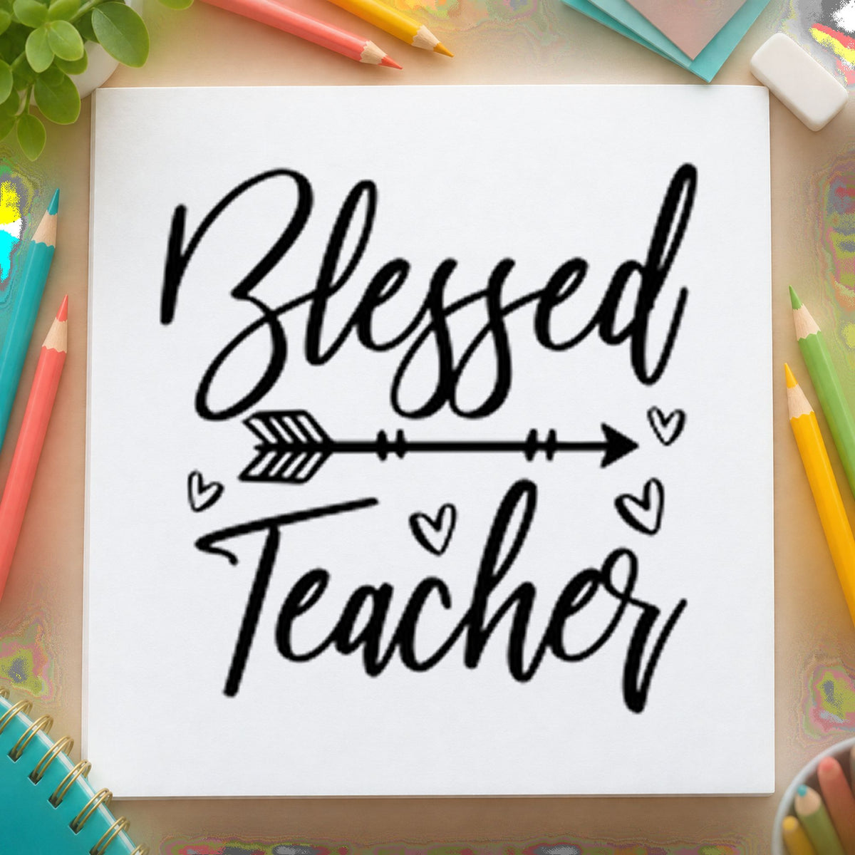 Blessed Teacher Feather Arrow rubber stamp printed in black ink, ready for feather arrow cards and similar paper crafts.