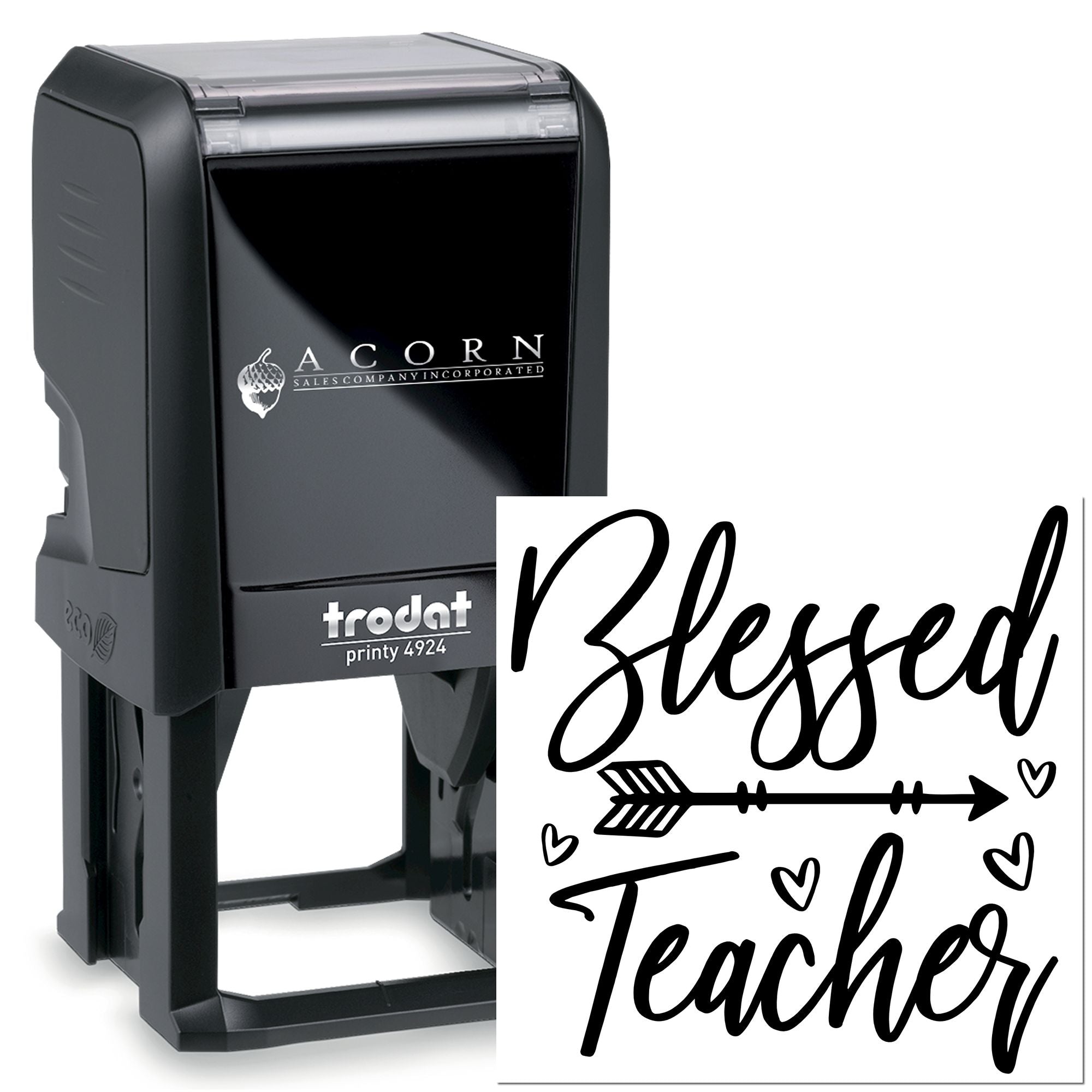 Custom self-inking teacher rubber stamp with Blessed Teacher design for classroom grading and personalized notes.
