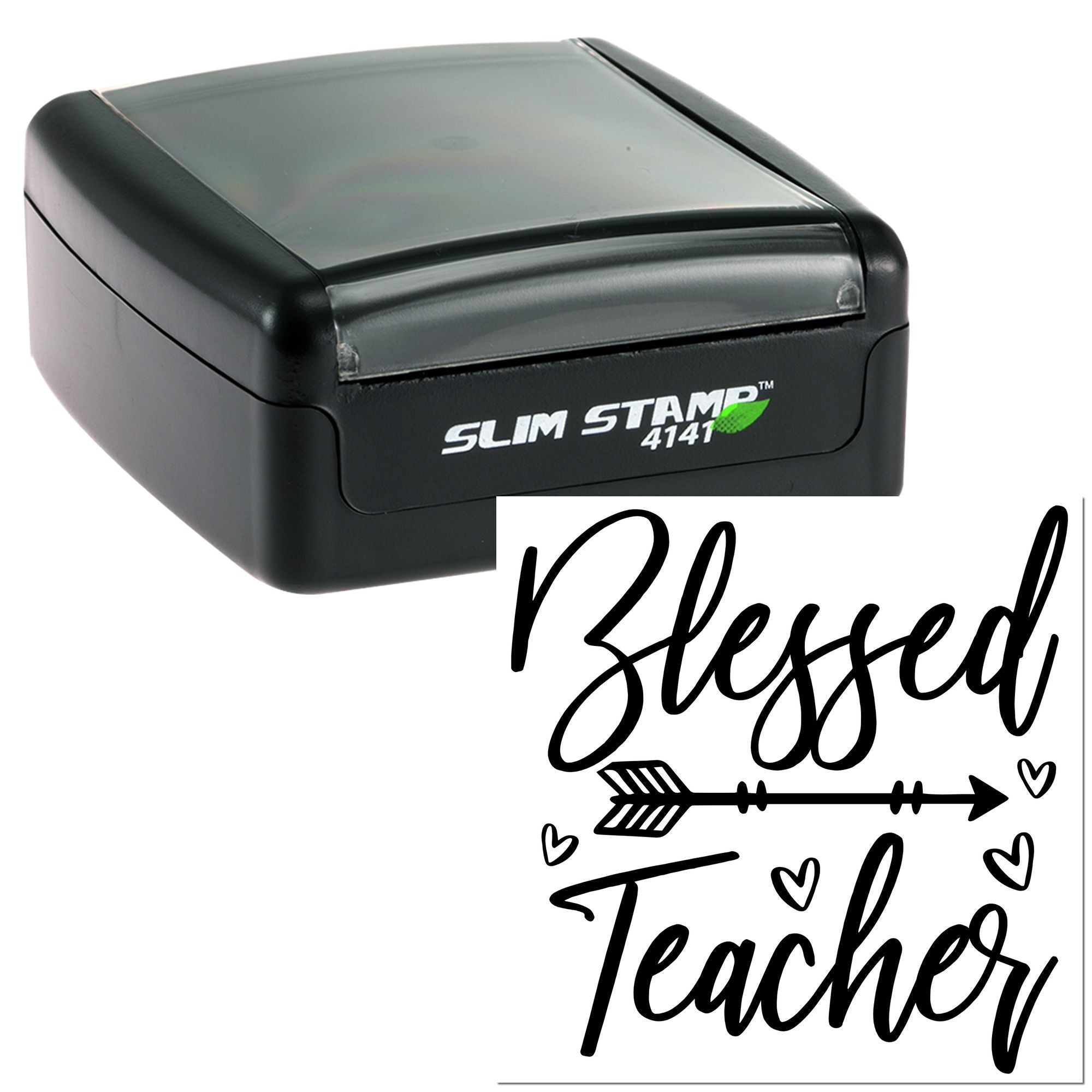 Slim Stamp self-inking rubber stamp with Blessed Teacher teacher appreciation design and hearts.