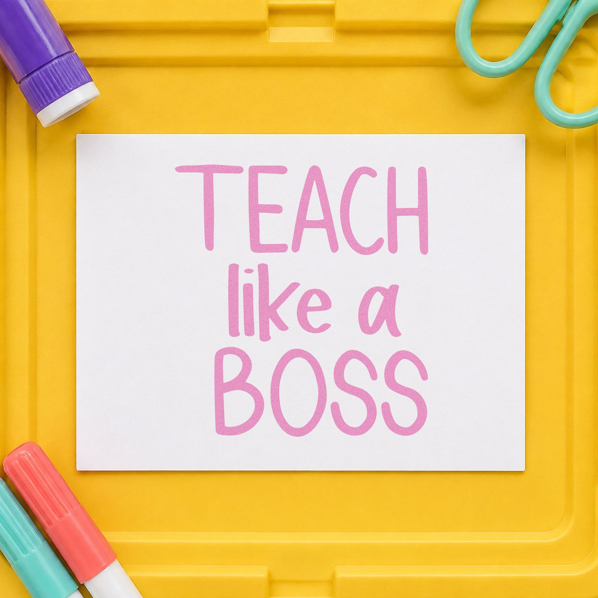 Teach Like a Boss Block craft stamp in purple ink on cardstock, an easy option for minimal gift tags.