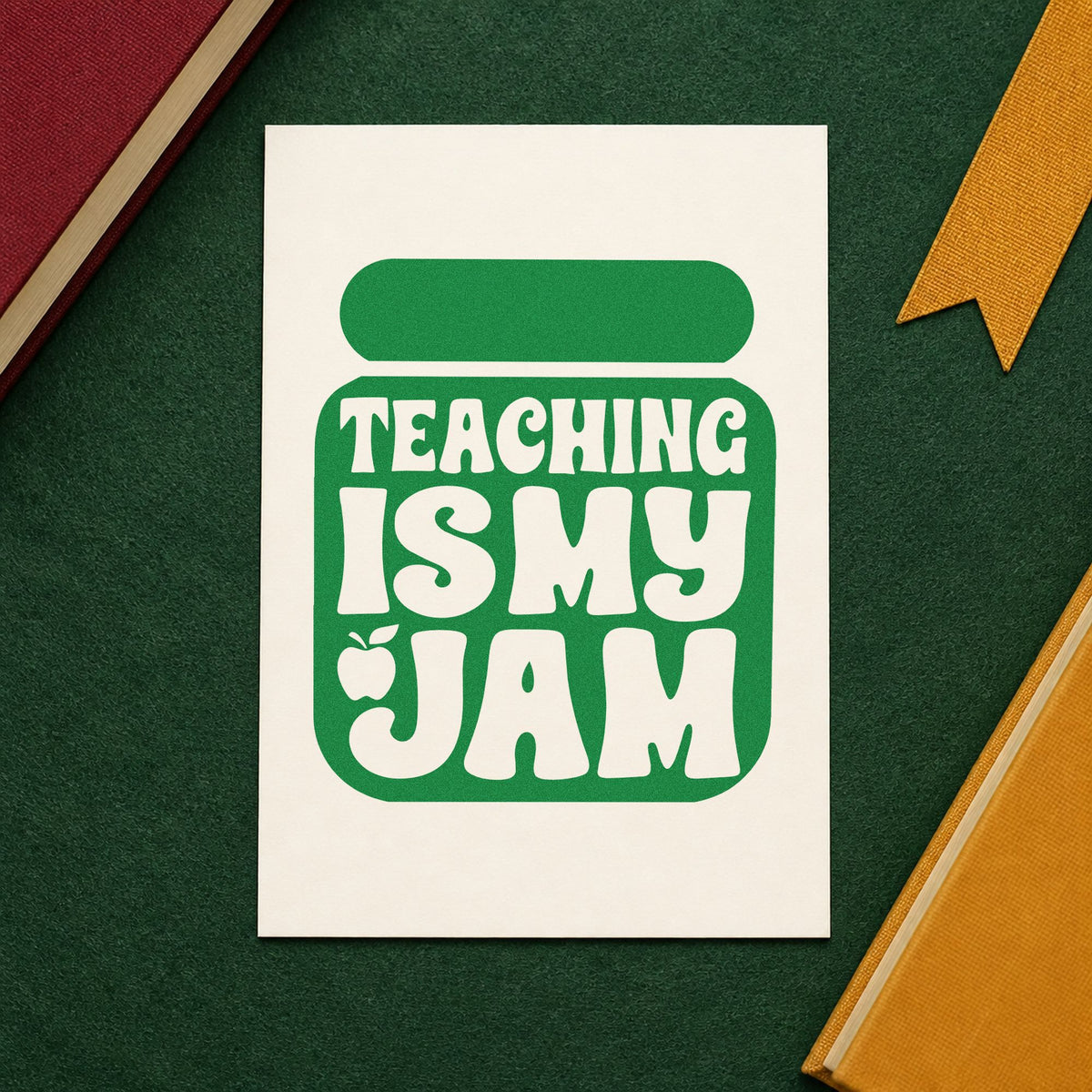 Teaching Is My Jam Solid Jar craft stamp imprint in green ink on a handmade project, one idea being menu card pages.