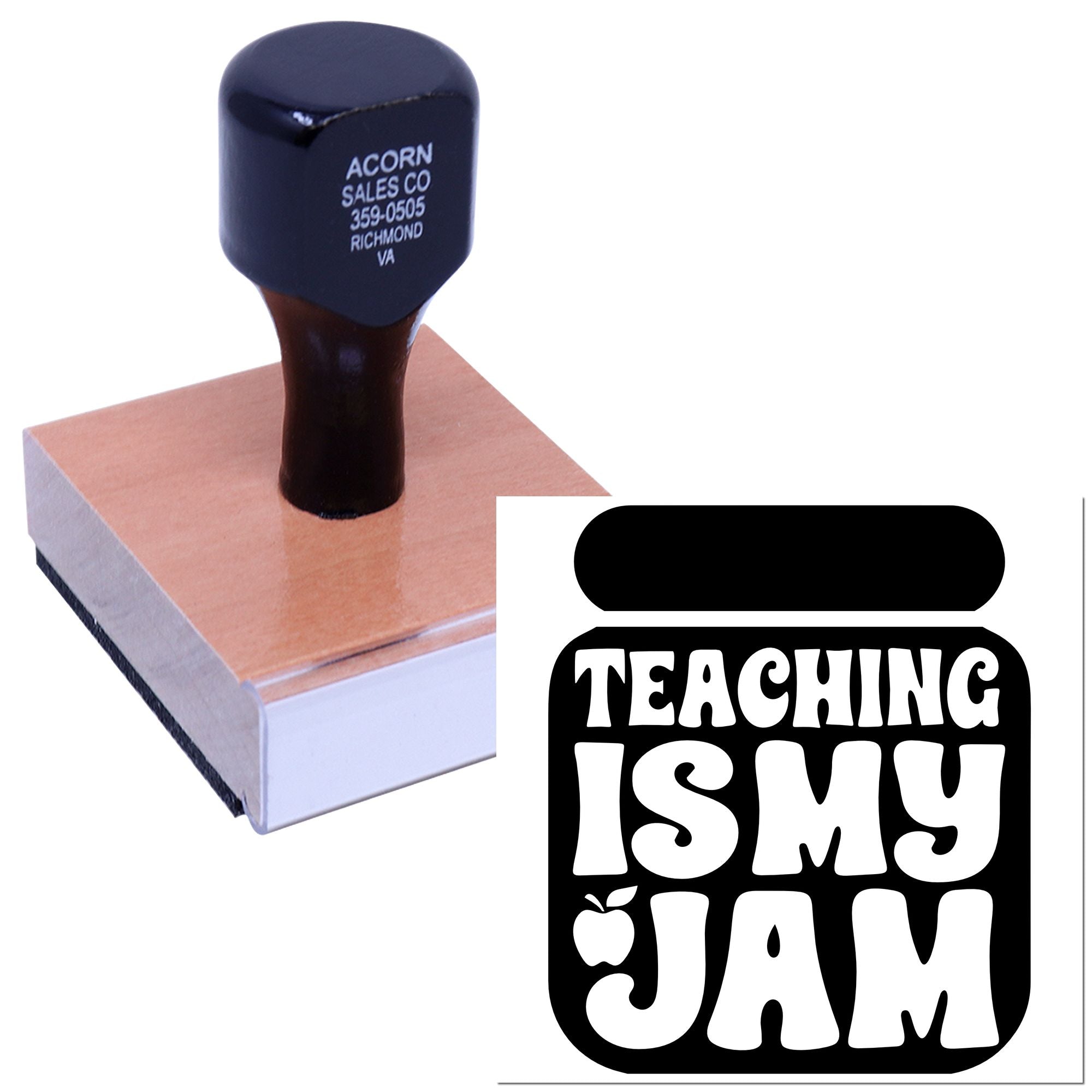 Custom teacher rubber stamp with Teaching Is My Jam design for classroom rewards, school supplies, and teacher gifts.
