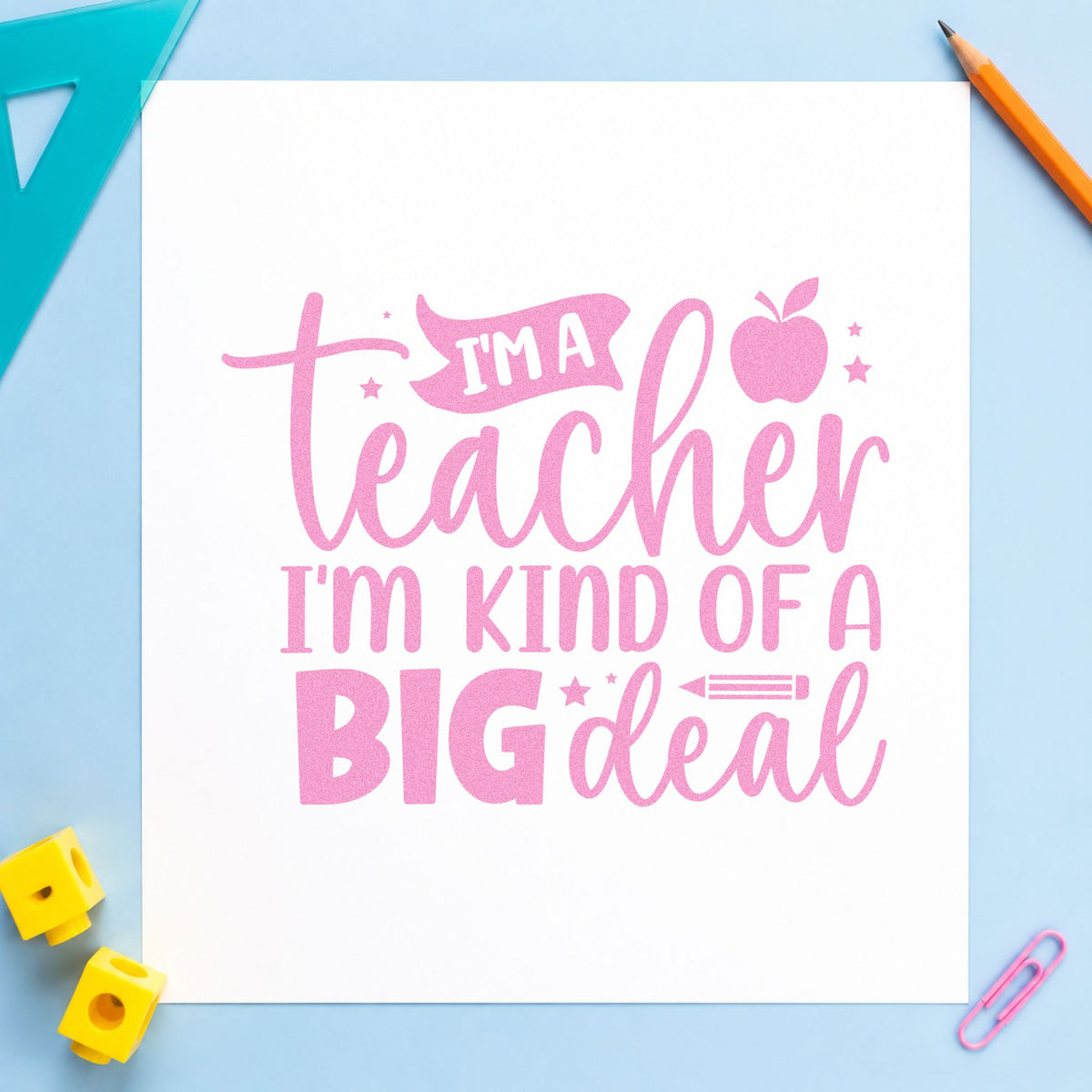 Teacher Kind of a Big Deal craft stamp in purple ink on cardstock, an easy option for award night tags.
