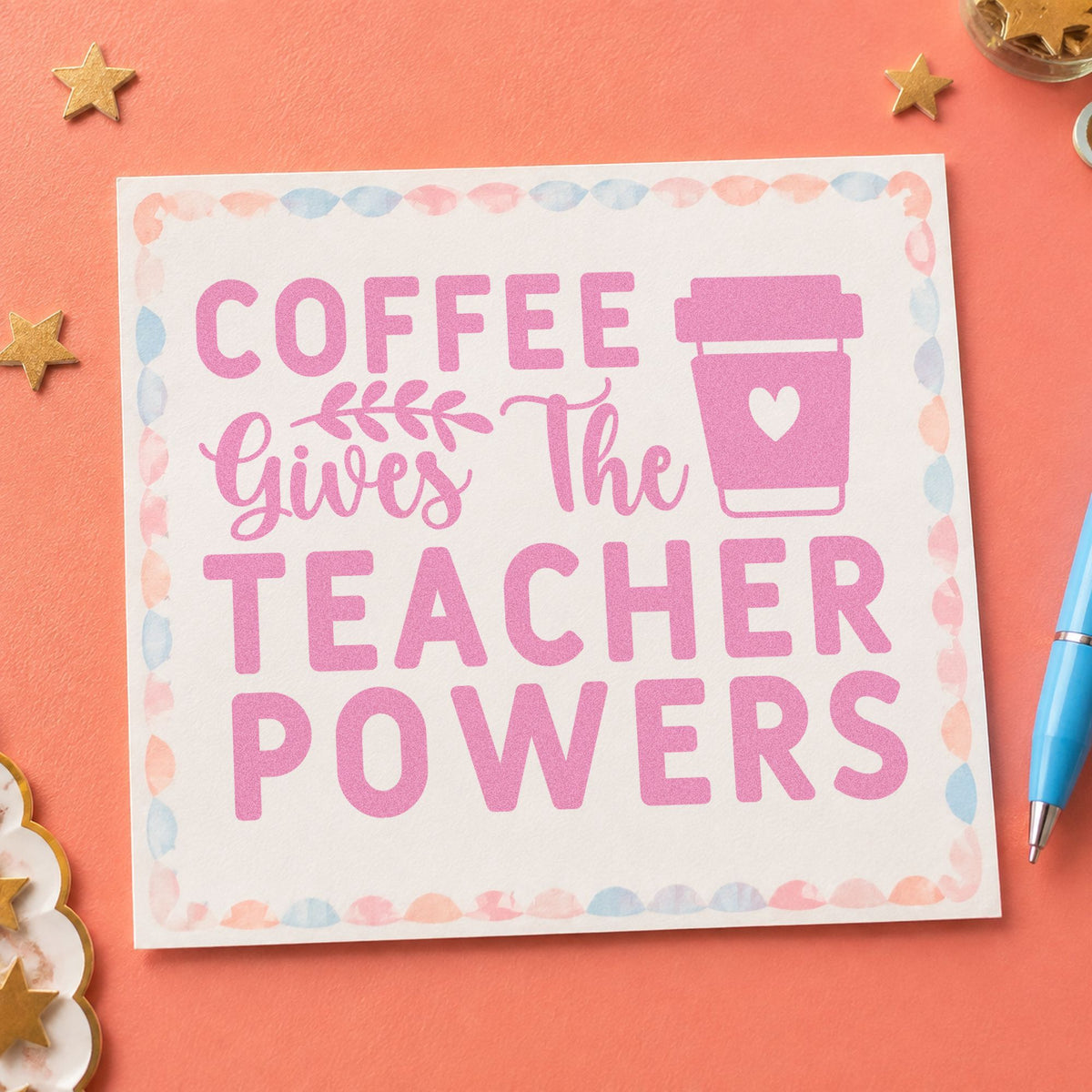 Coffee Gives Teacher Powers Block craft stamp in purple ink on cardstock, an easy option for bean gift tags.