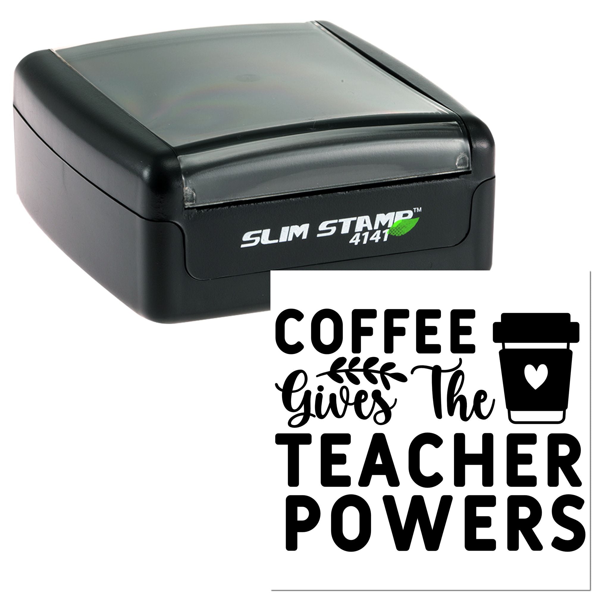 Custom self-inking rubber stamp with Coffee Gives the Teacher Powers design, perfect for teacher appreciation gifts.