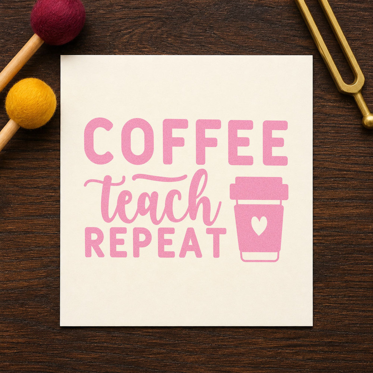 Coffee Teach Repeat Cup craft stamp in purple ink on cardstock, an easy option for habit jar tags.