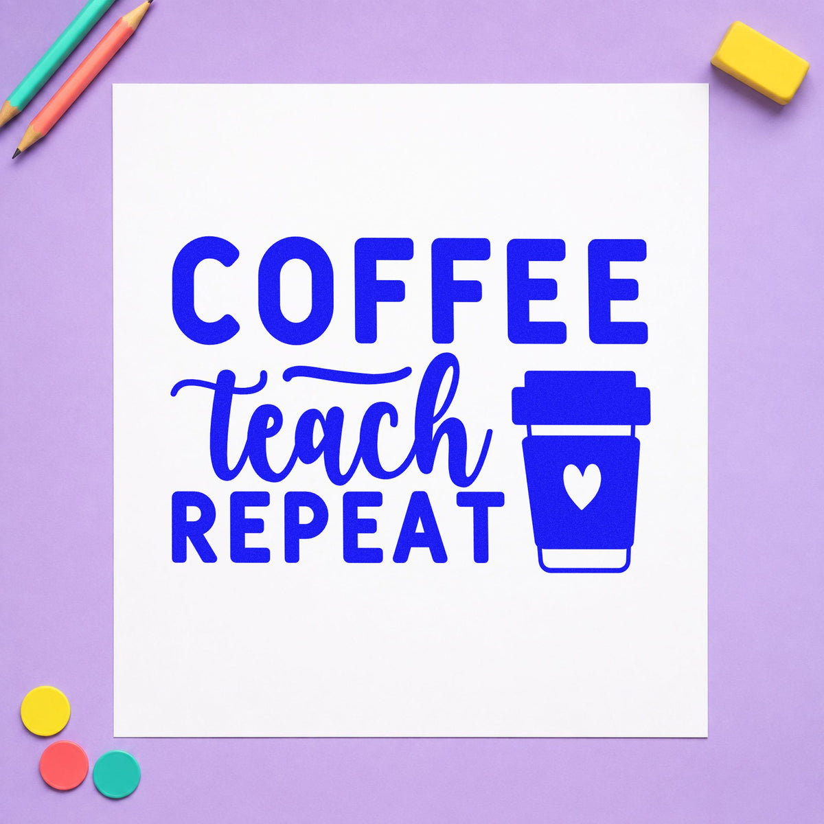 Coffee Teach Repeat Cup craft stamp imprinted in blue ink on paper, a design suited to bread bag seals.