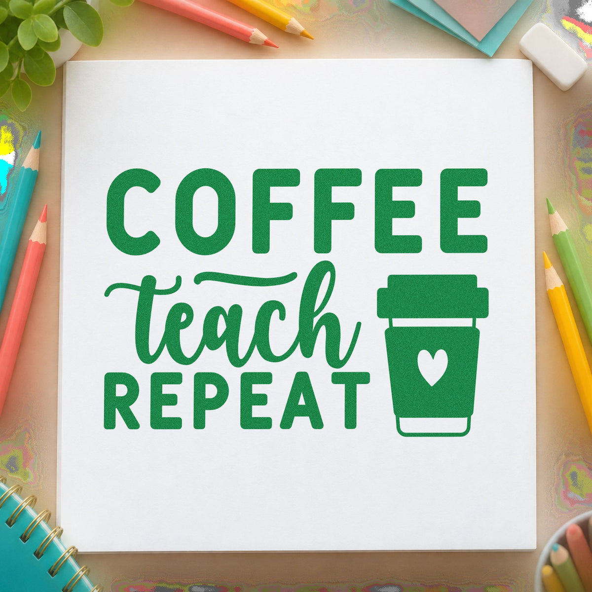 Coffee Teach Repeat Cup craft stamp imprint in green ink on a handmade project, one idea being framed kitchen loop.