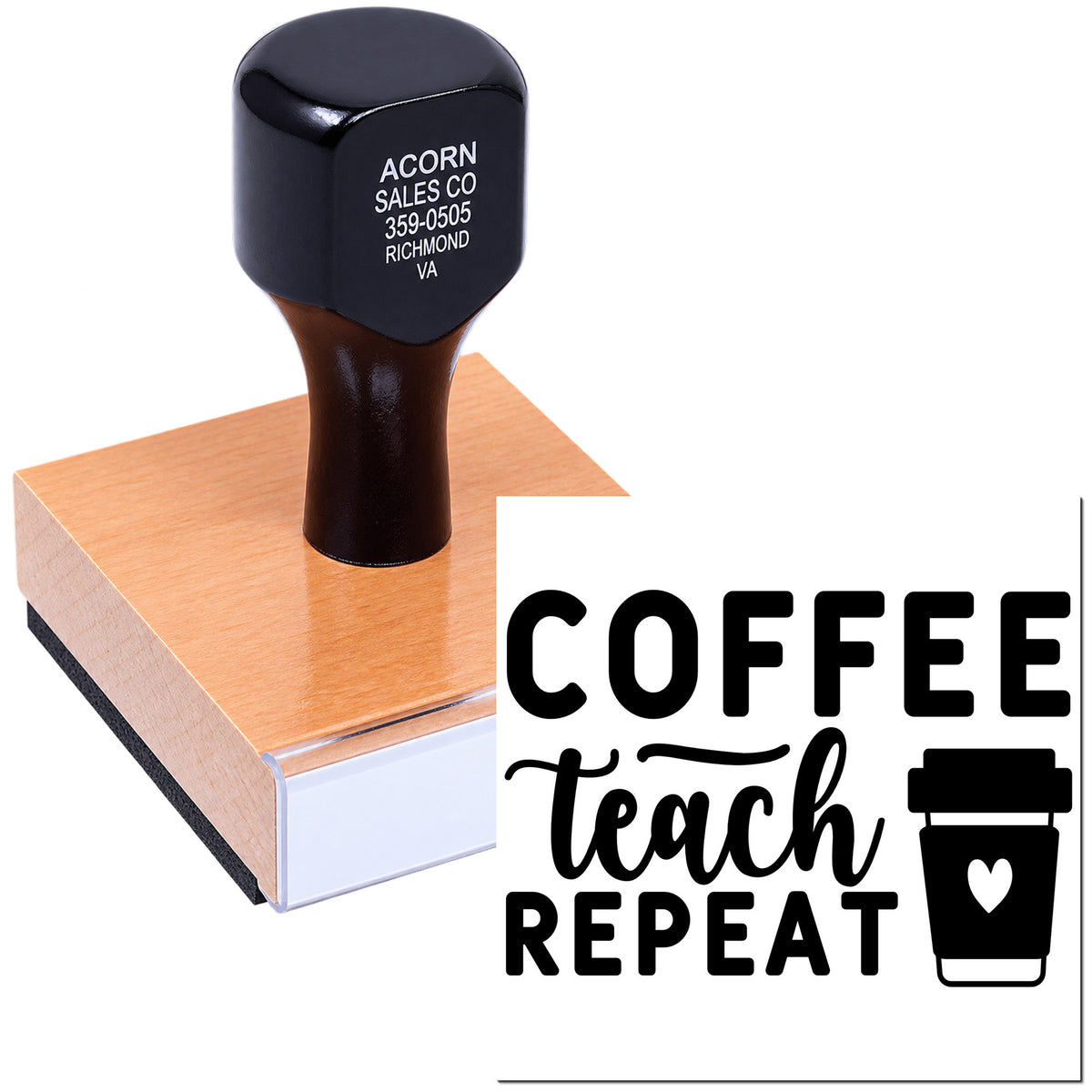 Custom coffee teacher repeat rubber stamp with cup icon, shown with stamped imprint for classroom gifts, crafts, and stationery.