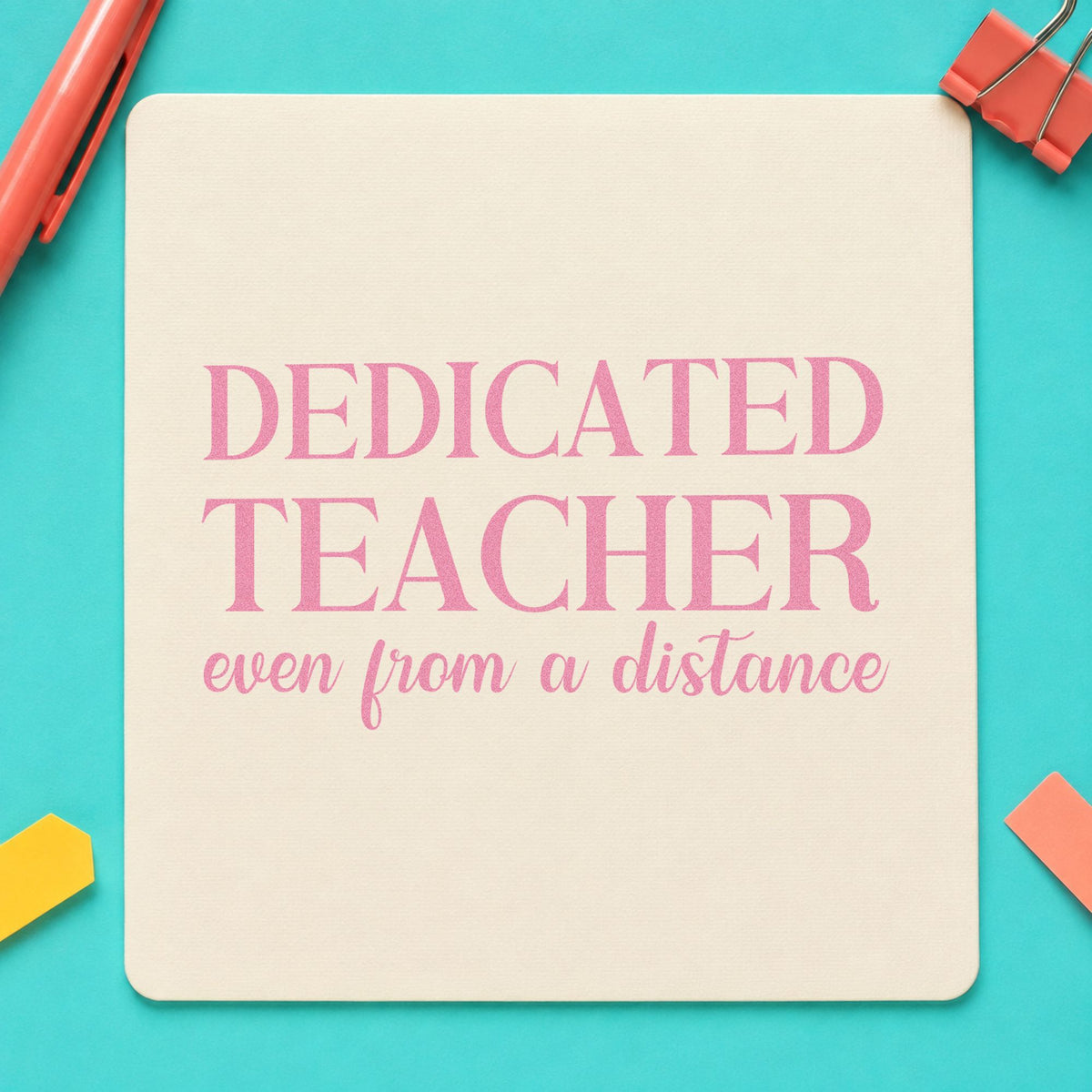 Dedicated Teacher from a Distance craft stamp in purple ink on cardstock, an easy option for care parcel tags.