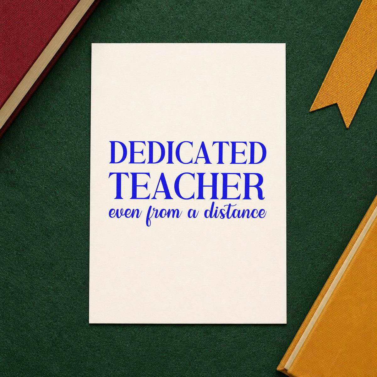 Dedicated Teacher from a Distance craft stamp in blue ink on cardstock, an easy option for lap blanket panels.