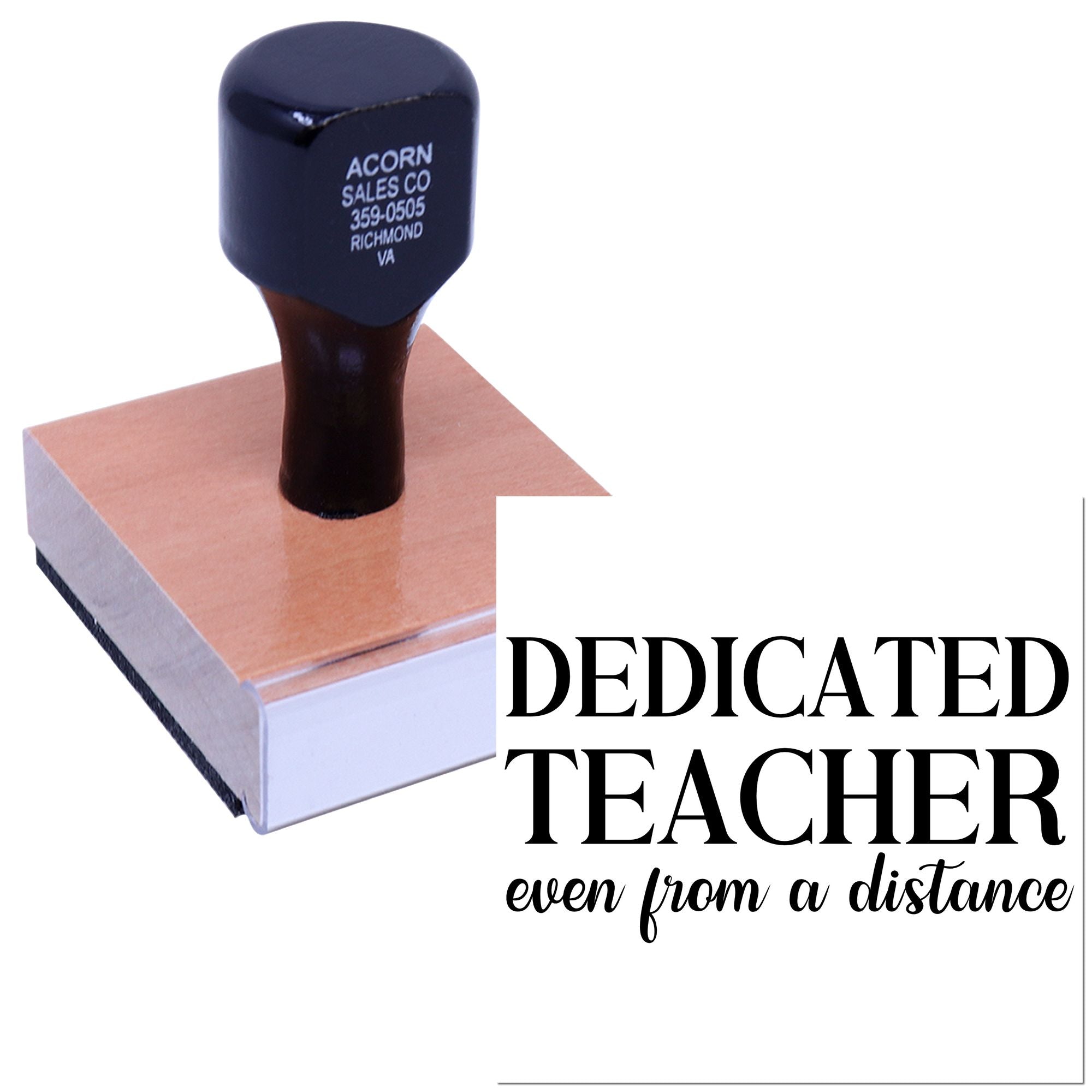 Dedicated Teacher custom rubber stamp for teacher appreciation, distance learning notes, and classroom recognition.