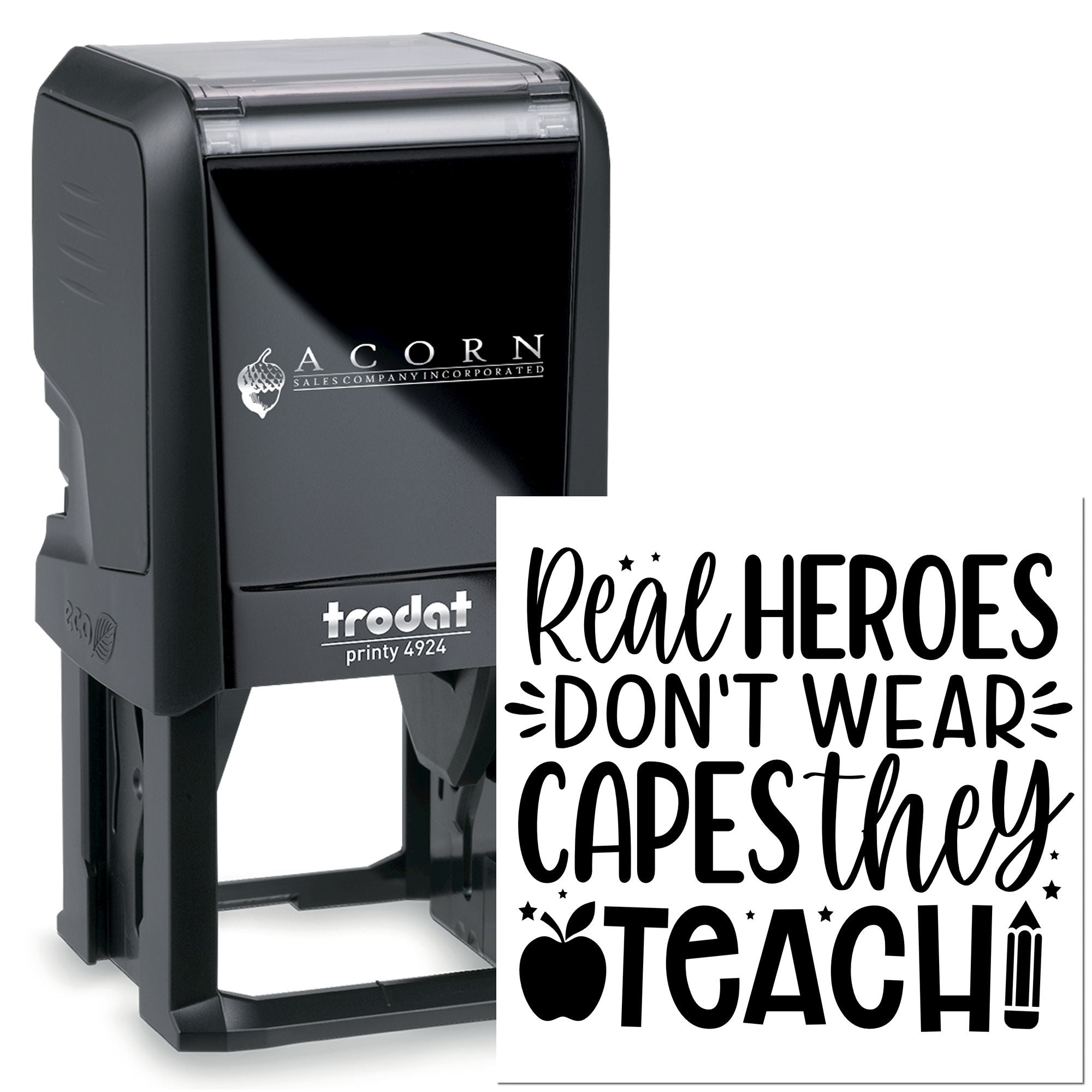 Custom self-inking rubber stamp with Real heroes dont wear capes, they teach! design for teacher appreciation.