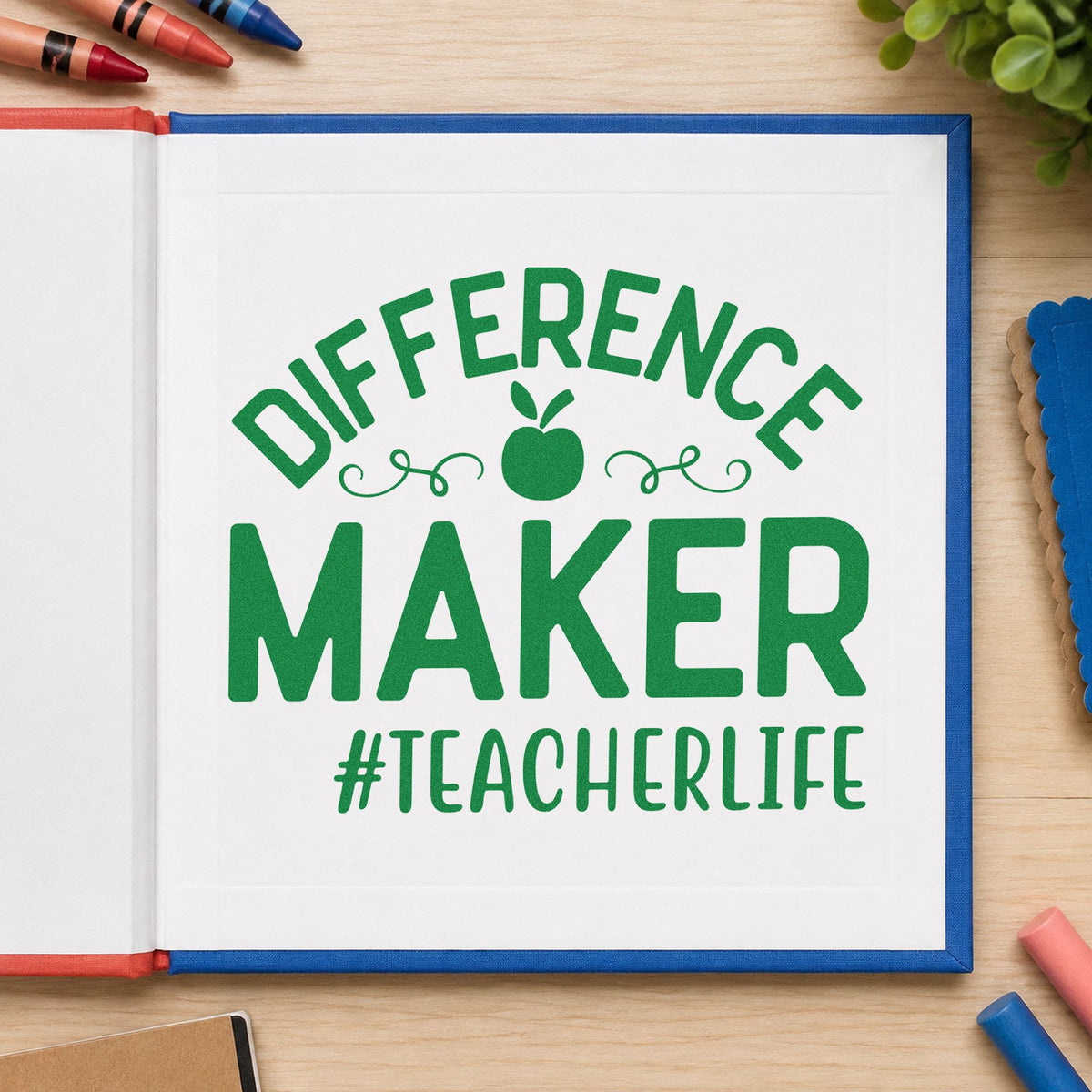 Difference Maker Teacher Life craft stamp imprint in green ink on a handmade project, one idea being framed kudos board.