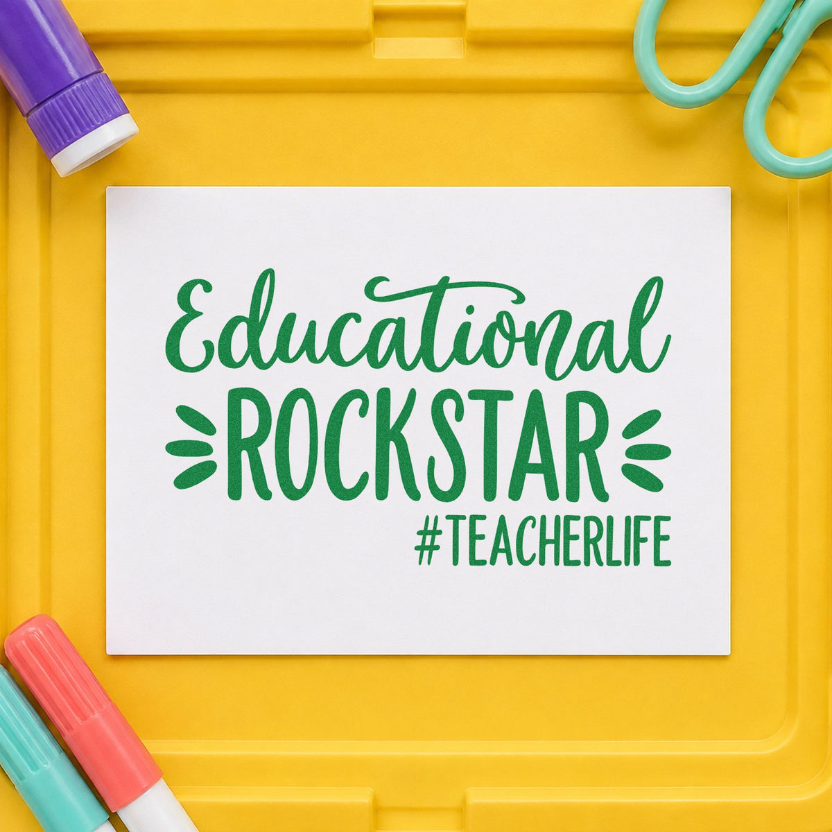 Educational Rockstar Teacher Life craft stamp imprint in green ink on a handmade project, one idea being setlist sheet pages.