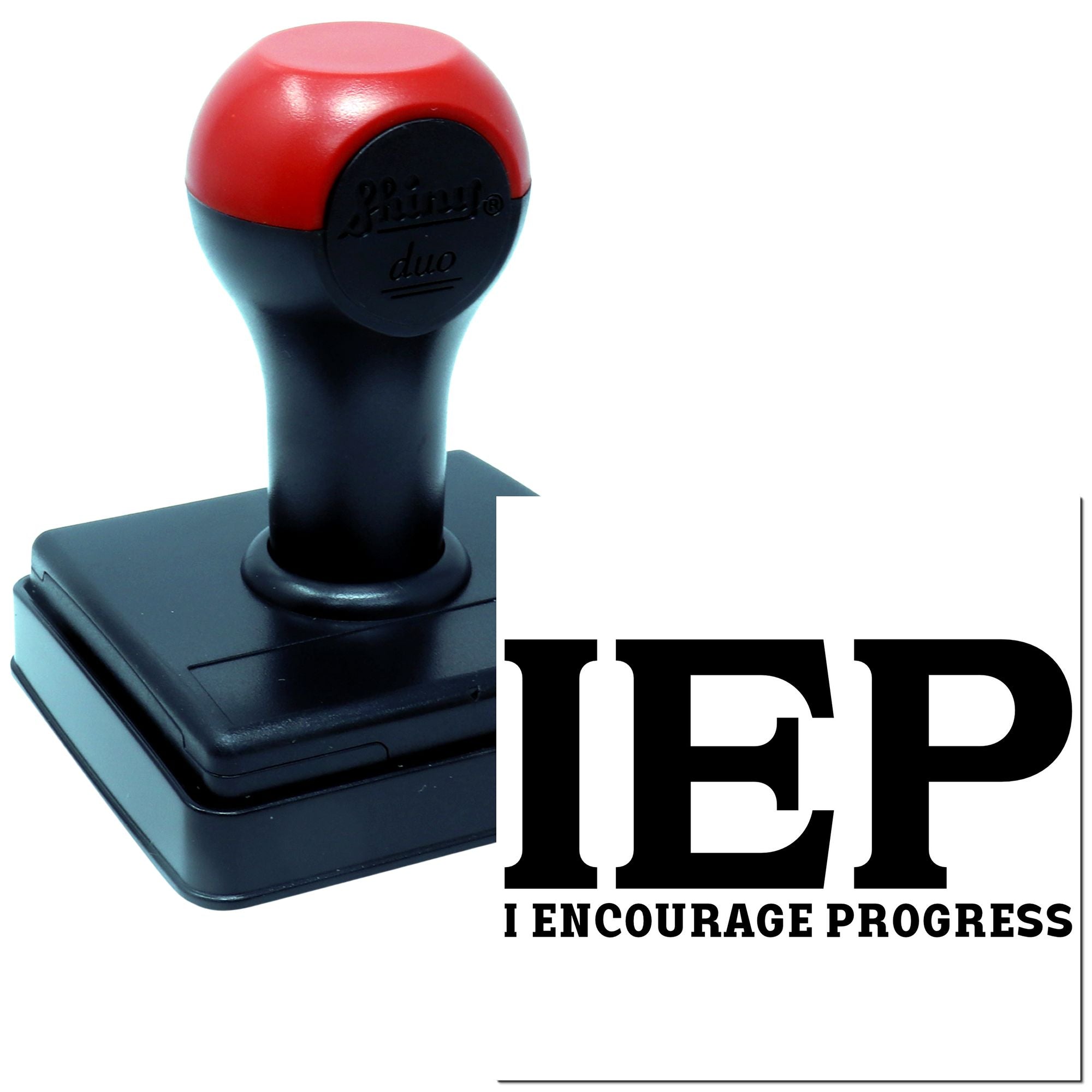 Self-inking rubber stamp for IEP paperwork, reading I Encourage Progress for special education teachers.