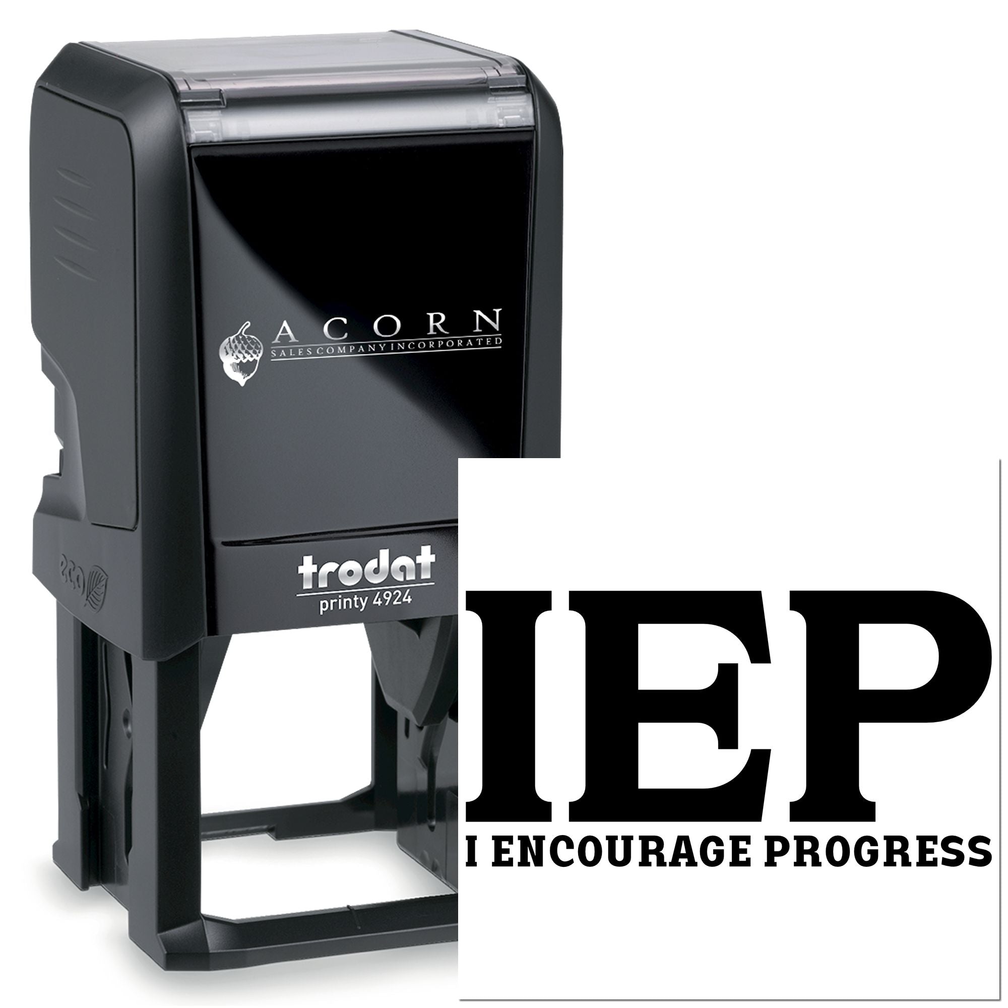 Custom self-inking IEP rubber stamp for educators, Trodat Printy 4924, with I Encourage Progress logo.