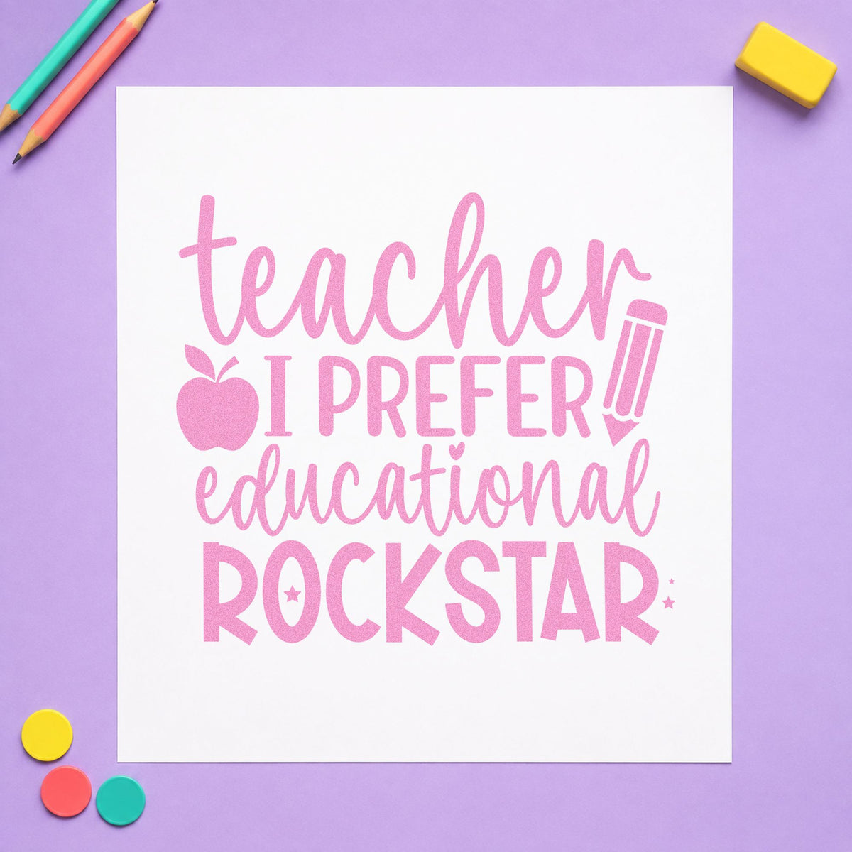 Teacher Educational Rockstar Quote craft stamp in purple ink on cardstock, an easy option for name badge tags.