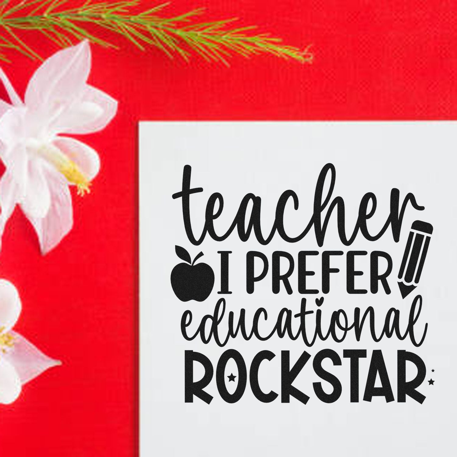 Teacher I Prefer Educational Rockstar rubber stamp design with apple and pencil for classroom gifts and teacher appreciation.