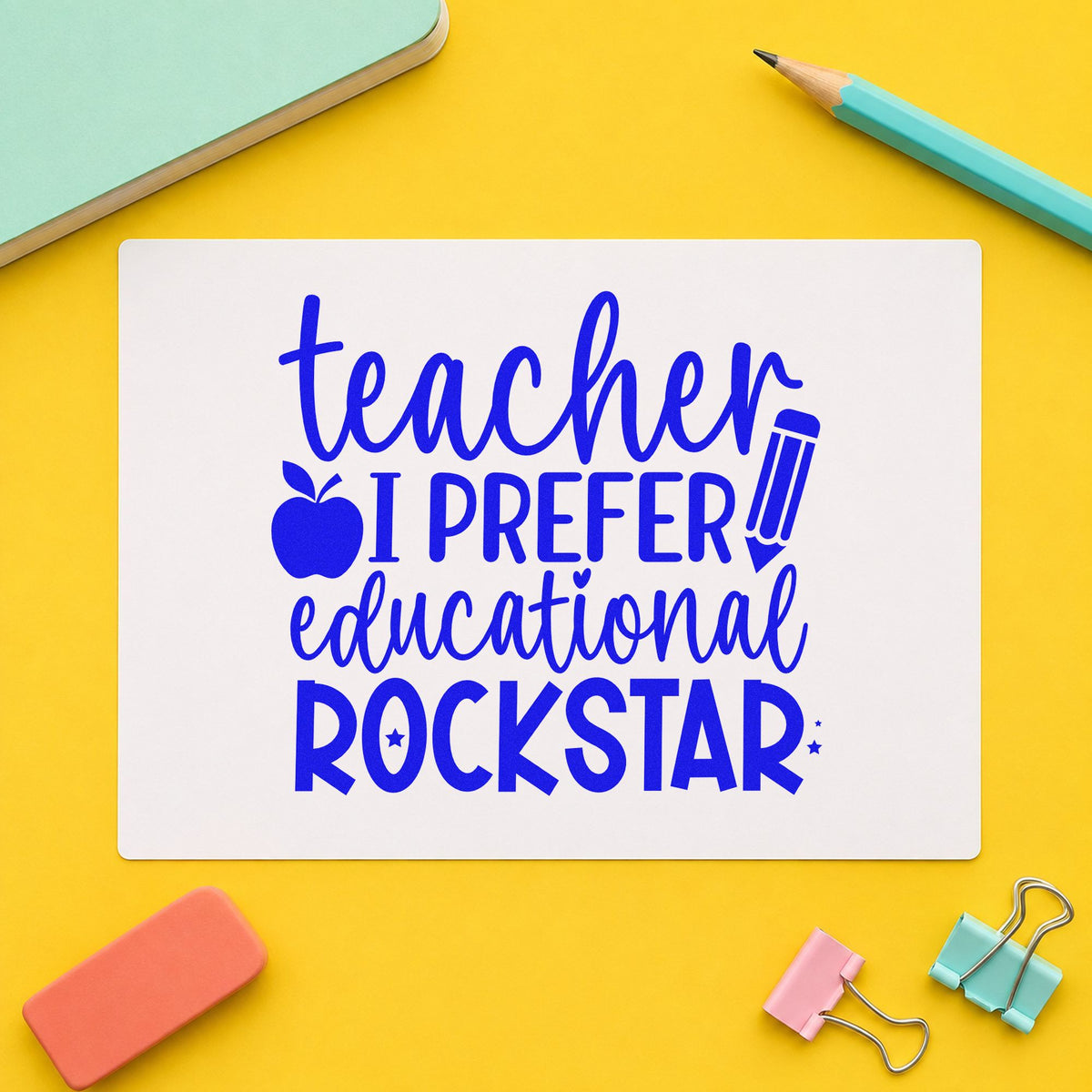 Teacher Educational Rockstar Quote craft stamp imprinted in blue ink on paper, a design suited to backstage pass seals.