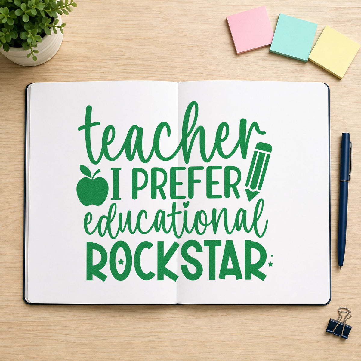 Teacher Educational Rockstar Quote craft stamp imprint in green ink on a handmade project, one idea being framed green room.