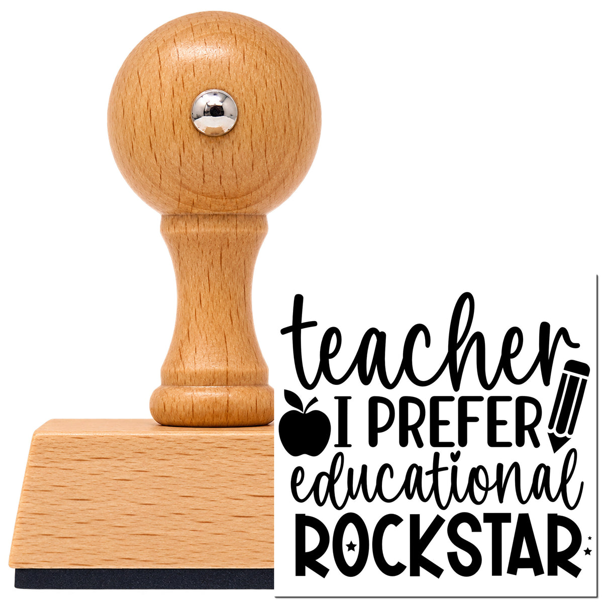 Teacher Educational Rockstar Quote Vintage Pro rubber stamp in European beech wood with a round knob handle, shown beside its black imprint.
