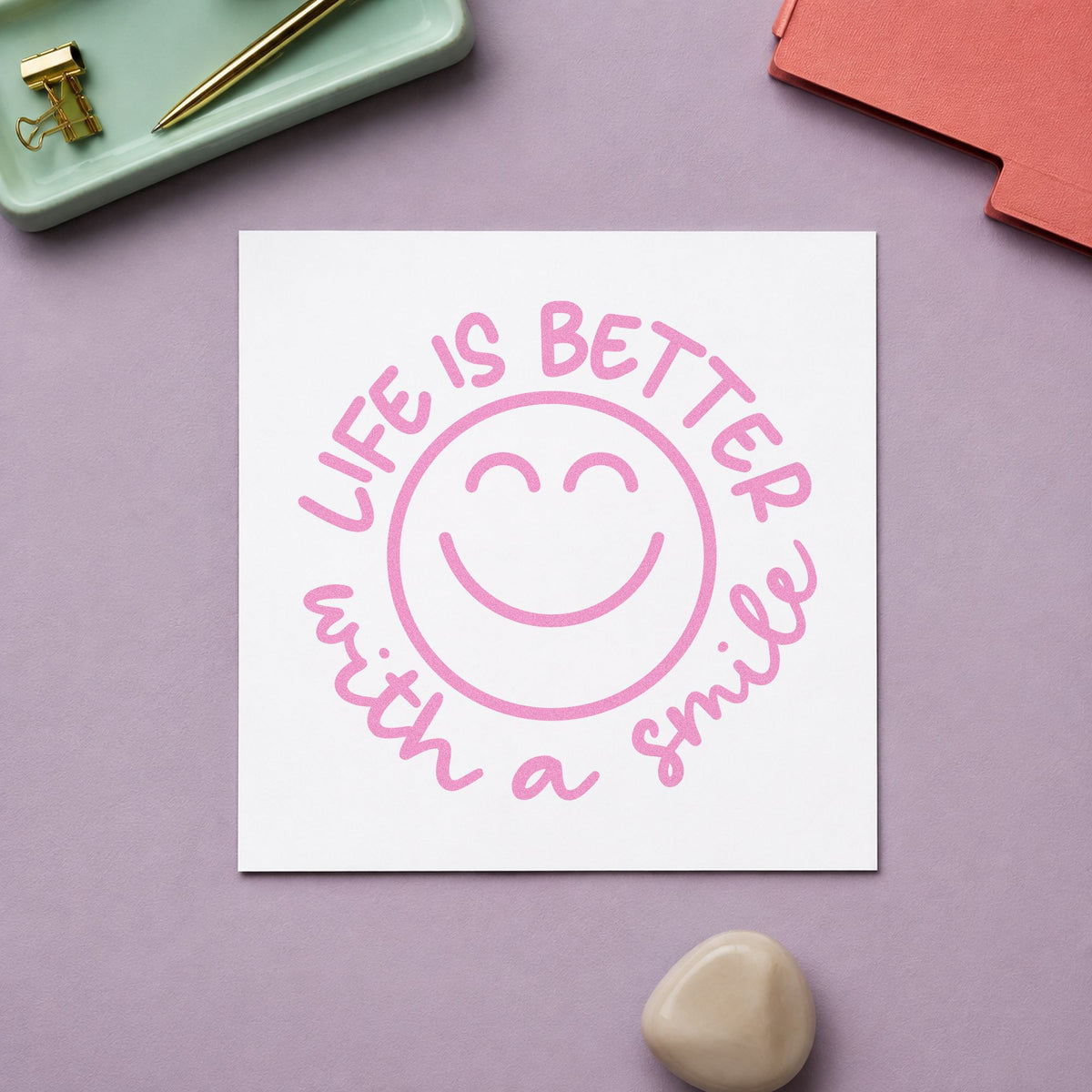 Life Better With Smile craft stamp in purple ink on cardstock, an easy option for cheer up tags.