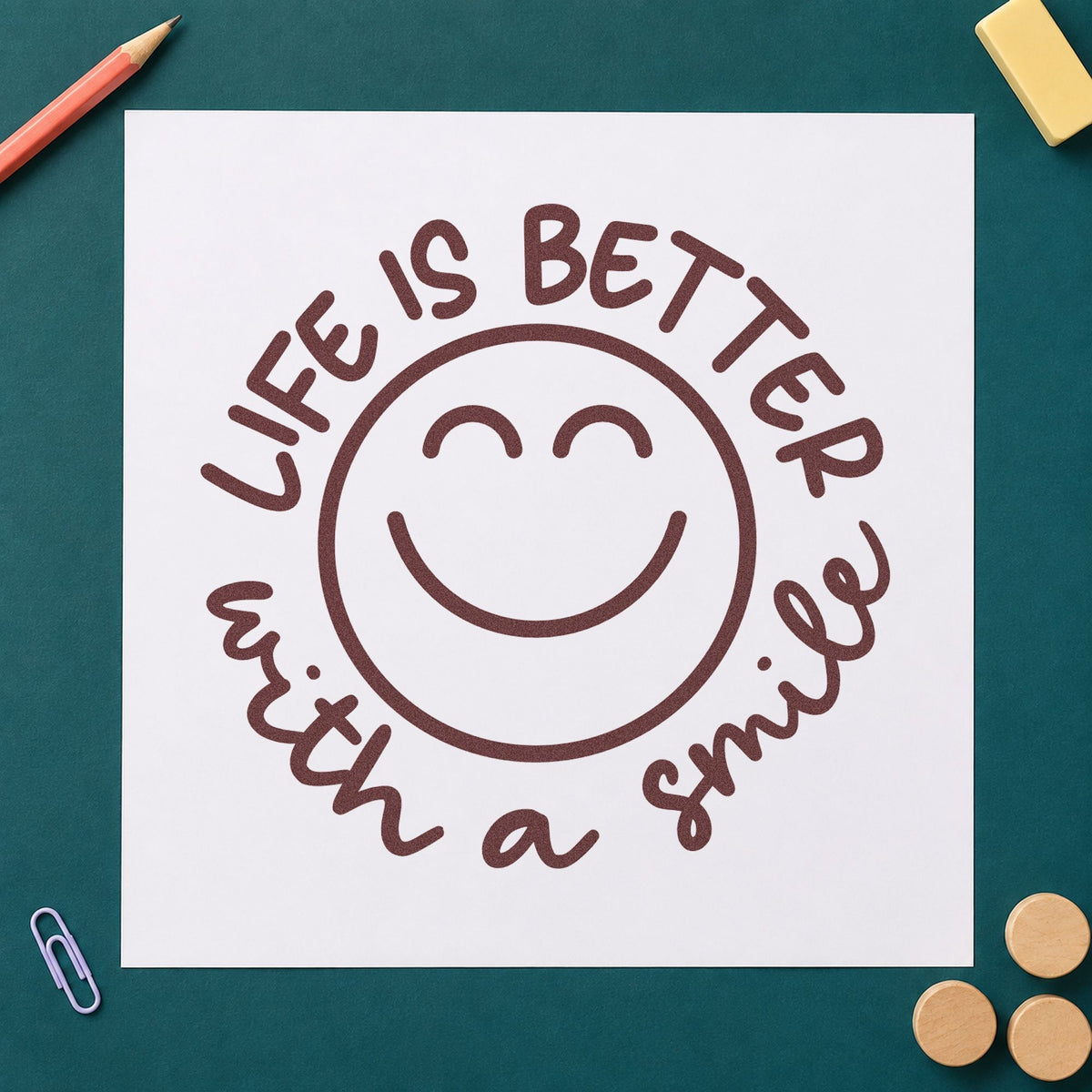 Life Better With Smile rubber stamp printed in brown ink, ready for sweet jar labels and similar paper crafts.
