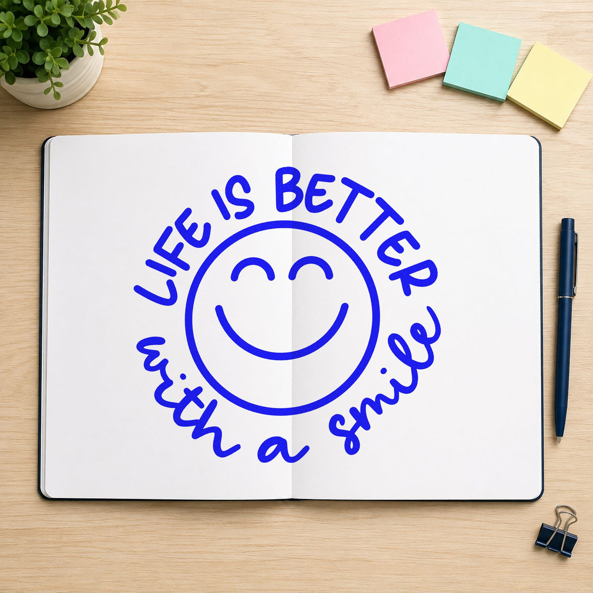 Life Better With Smile craft stamp in blue ink on cardstock, an easy option for badge ribbon panels.