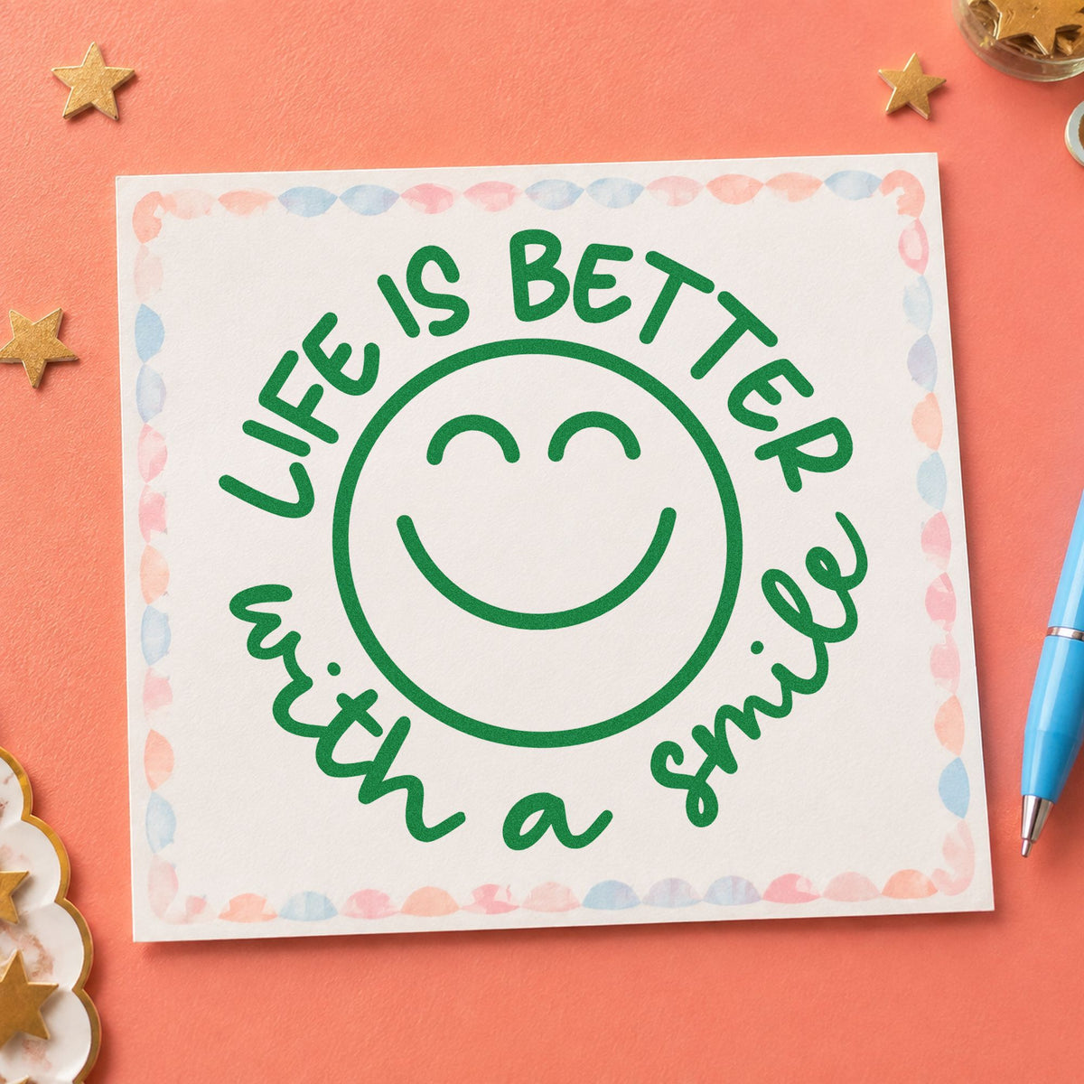Life Better With Smile craft stamp imprint in green ink on a handmade project, one idea being framed reception desk.