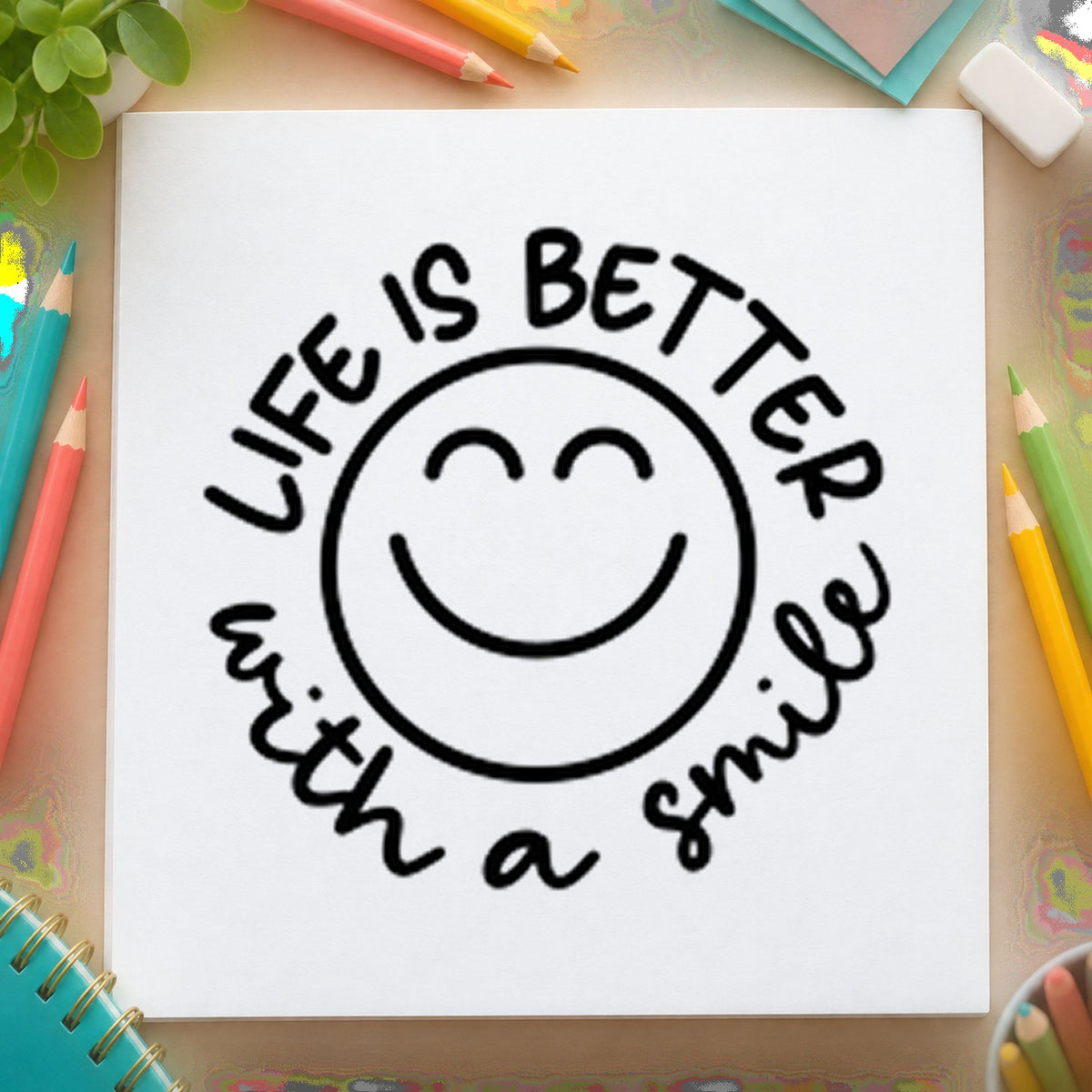 Life Better With Smile rubber stamp printed in black ink, ready for smiling face cards and similar paper crafts.
