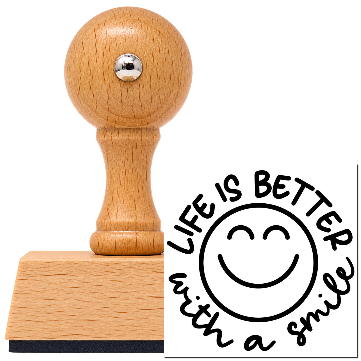 Life Is Better With A Smile Vintage Pro rubber stamp in European beech wood with a round knob handle, shown beside its black imprint.