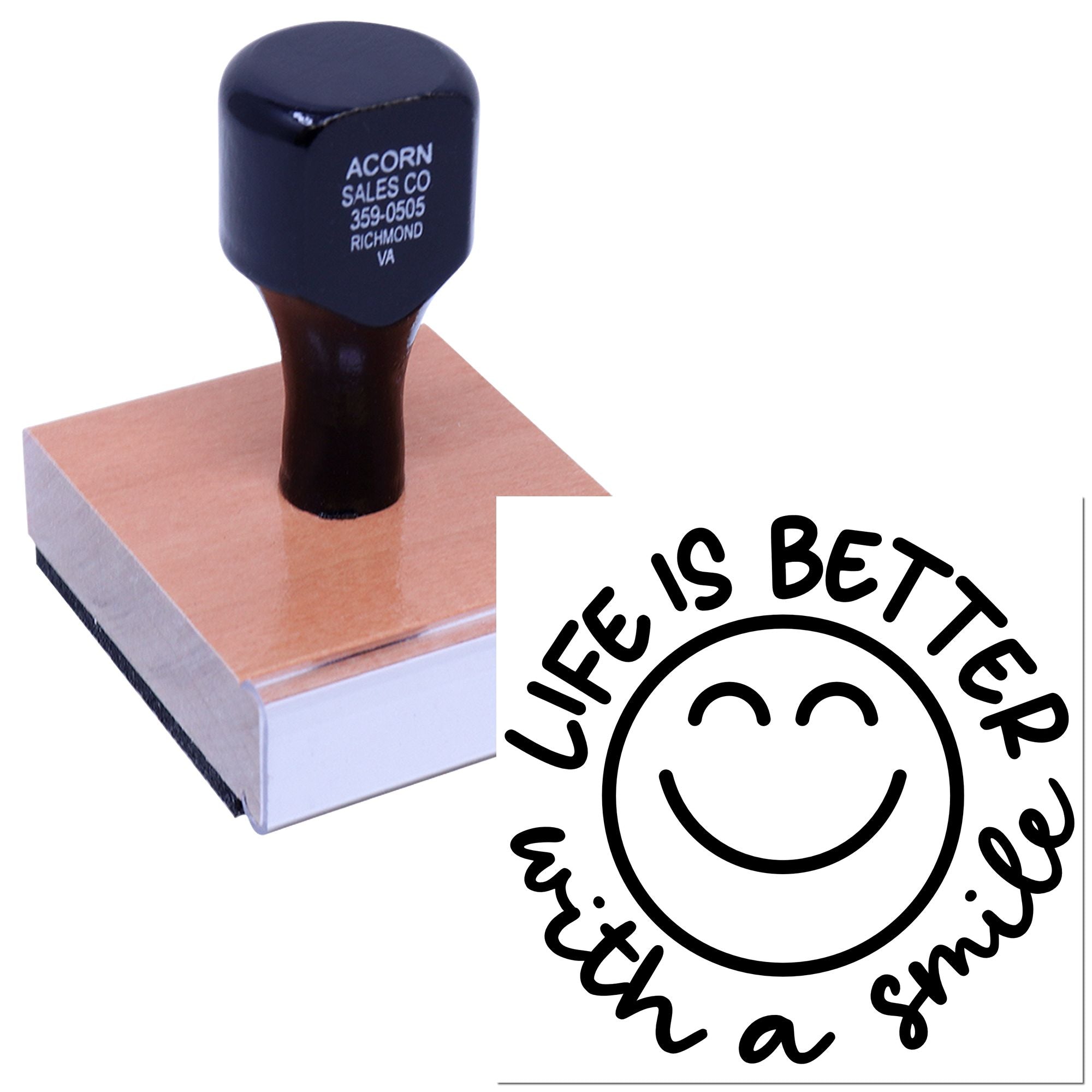 Custom self-inking rubber stamp with Life Is Better with a Smile smiley design for crafts, branding, and packaging.