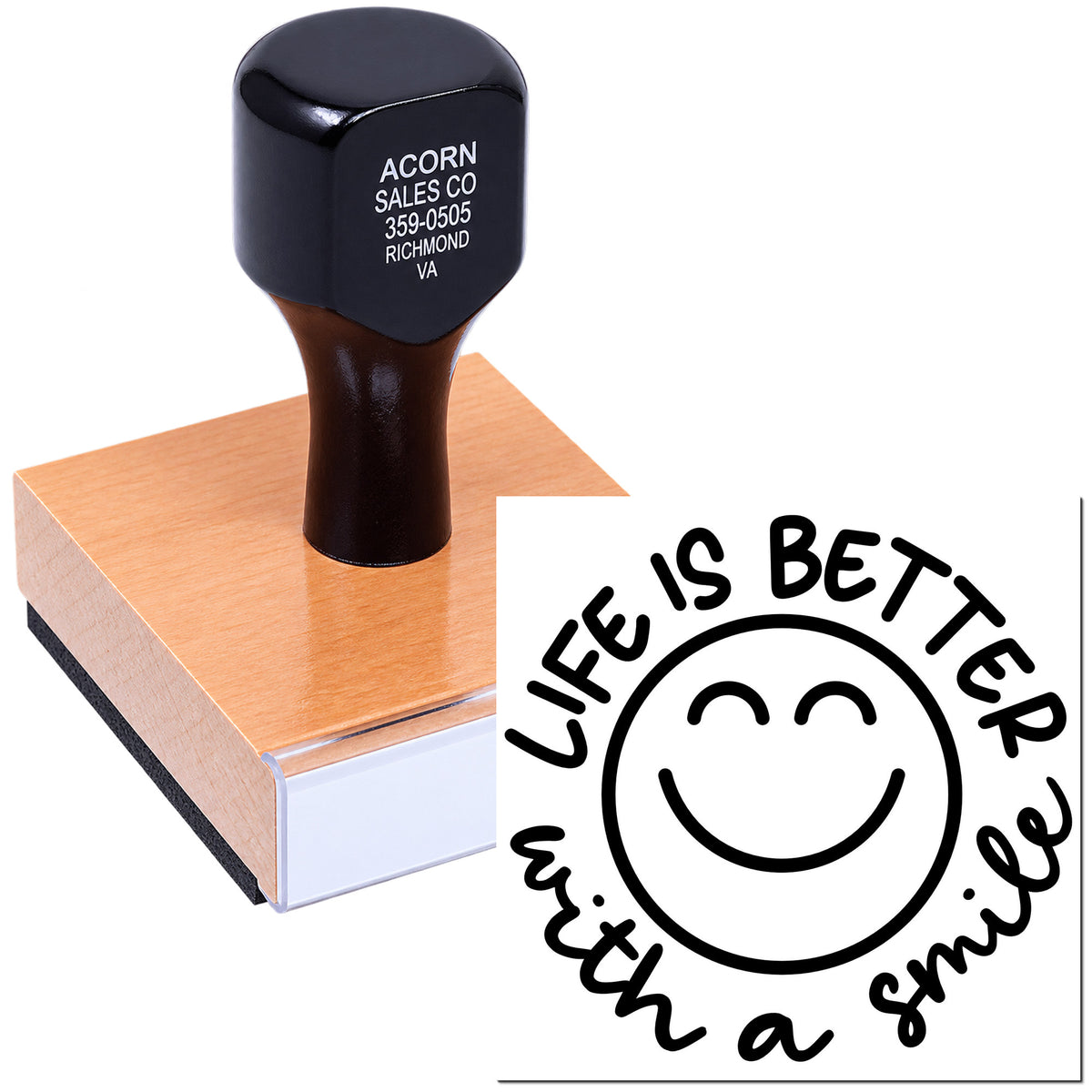 Custom self-inking rubber stamp with Life Is Better with a Smile smiley design for crafts, branding, and packaging.