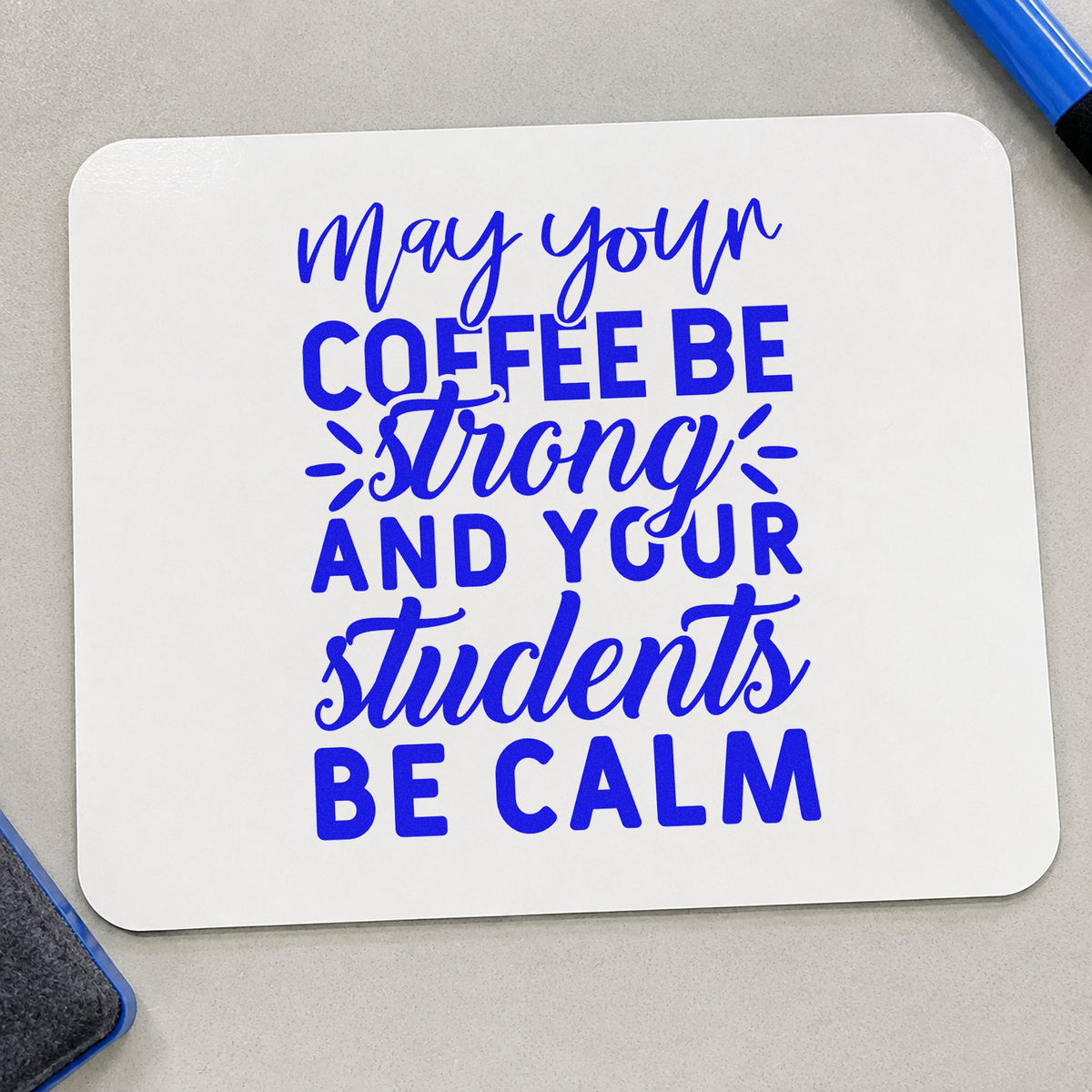 Strong Coffee Calm Students craft stamp imprinted in blue ink on paper, a design suited to kettle shelf seals.