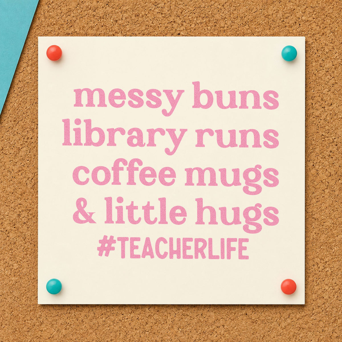 Messy Buns Library Runs craft stamp in purple ink on cardstock, an easy option for morning kit tags.
