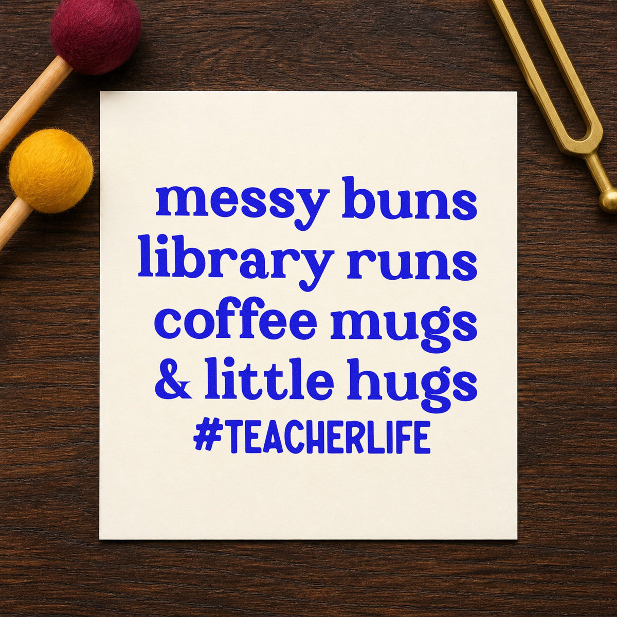Messy Buns Library Runs craft stamp in blue ink on cardstock, an easy option for dressing robe panels.