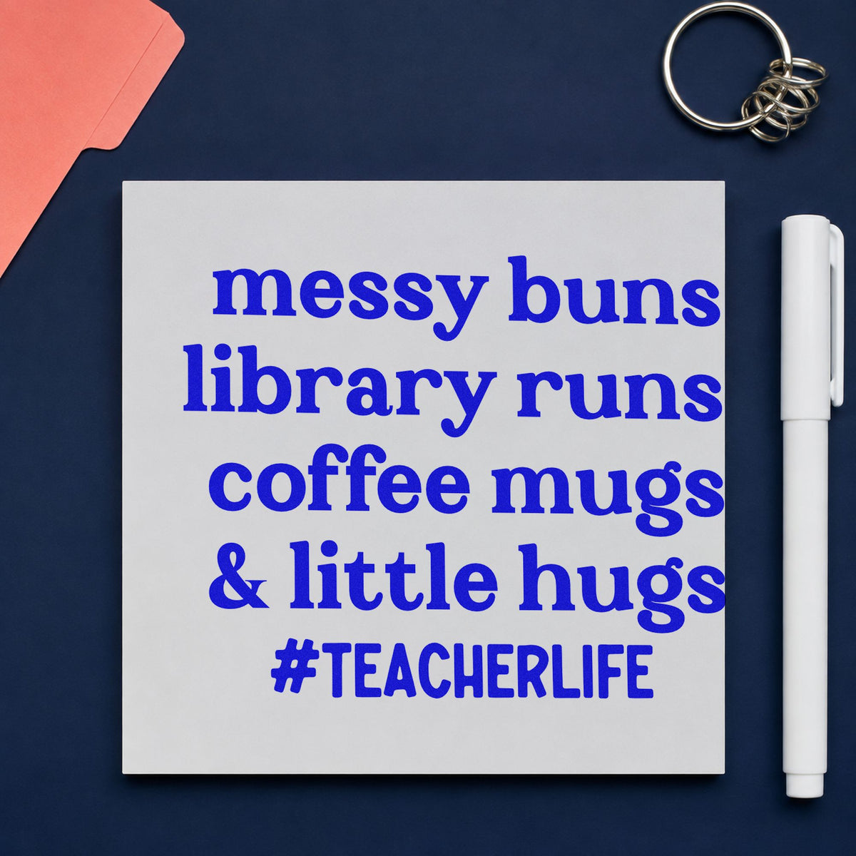 Messy Buns Library Runs craft stamp imprinted in blue ink on paper, a design suited to tote corner seals.