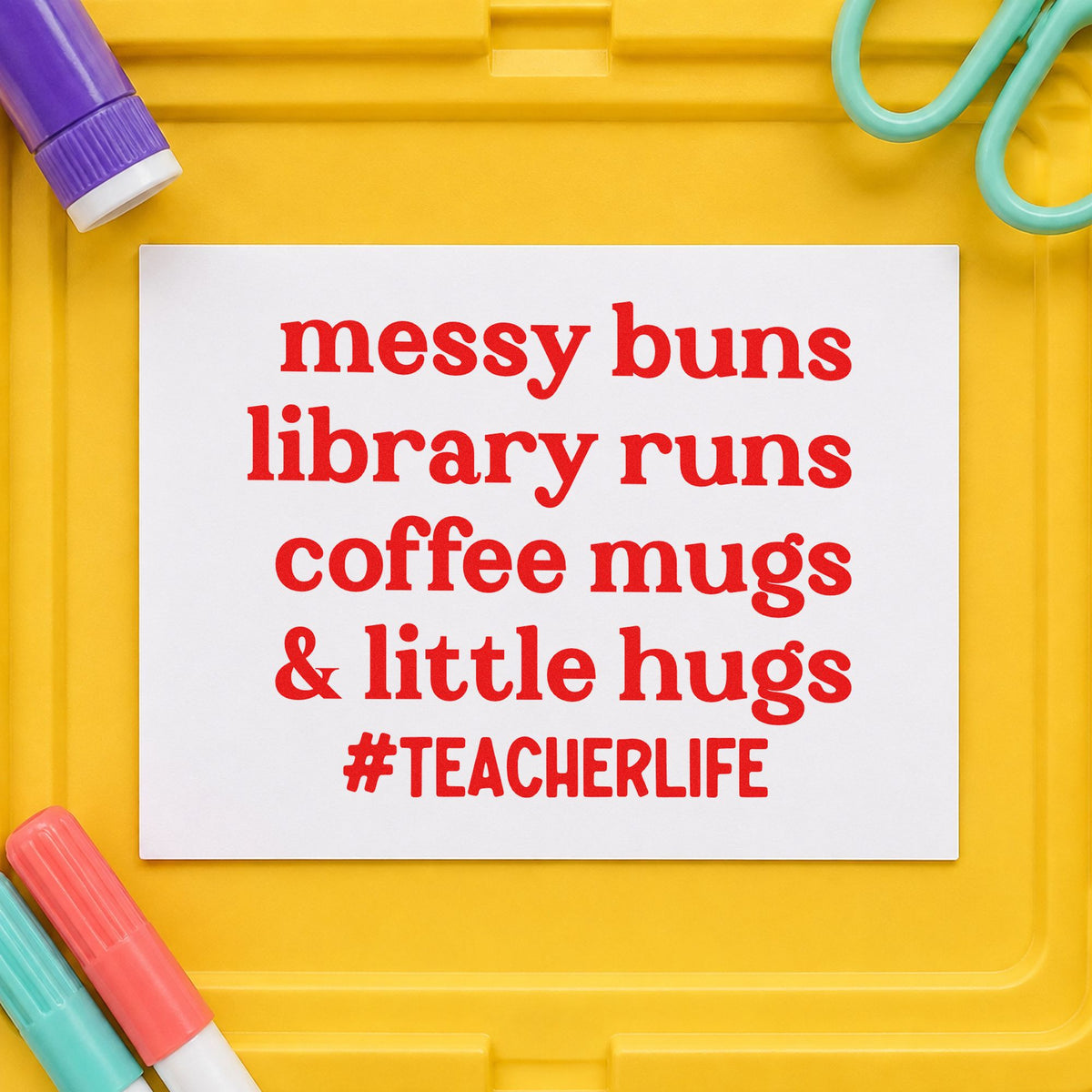Messy Buns Library Runs rubber stamp shown in red ink, stamped for projects such as long day notes.