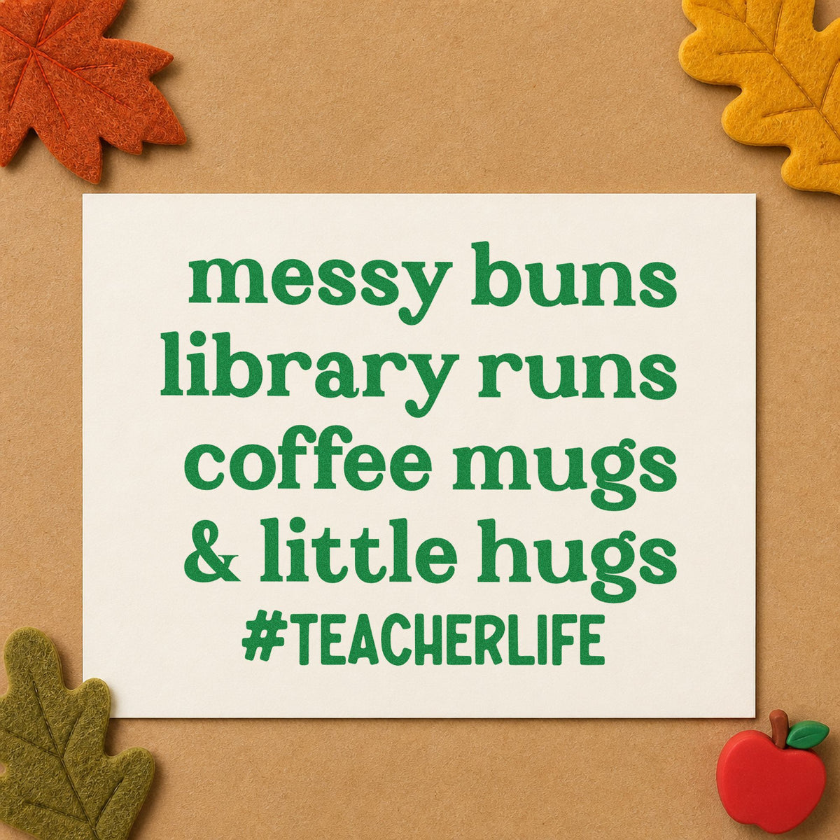 Messy Buns Library Runs craft stamp imprint in green ink on a handmade project, one idea being framed dresser top.