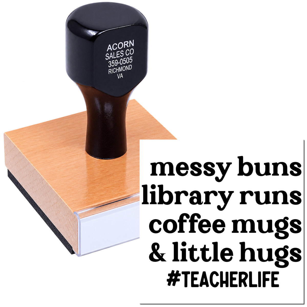 Custom teacher rubber stamp with messy buns, library runs, coffee mugs & little hugs #TeacherLife for classroom use.