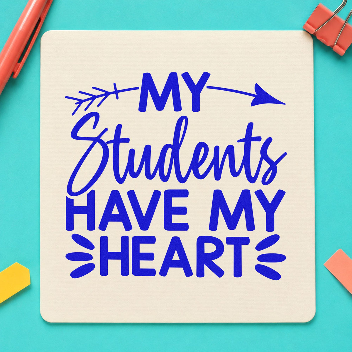 Students Have My Heart craft stamp in blue ink on cardstock, an easy option for cardigan heart panels.