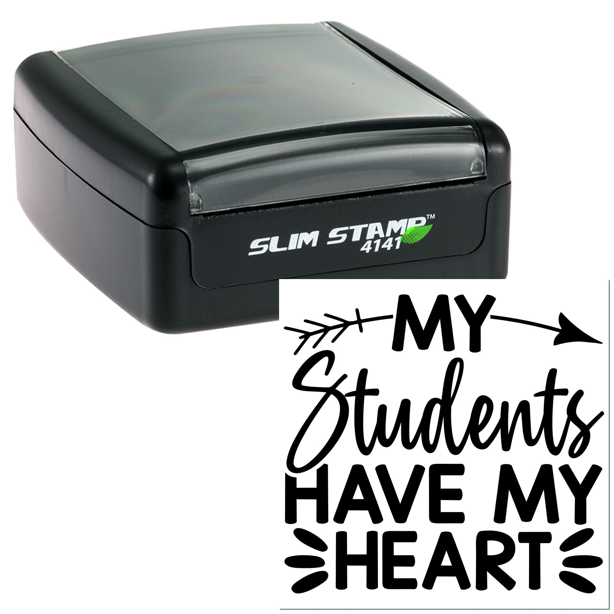 Custom self-inking rubber stamp with My Students Have My Heart design for teacher classroom notes and crafts.