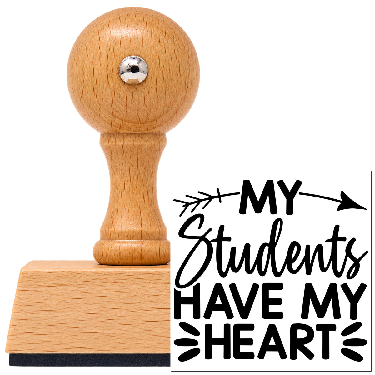 Students Have My Heart Vintage Pro rubber stamp in European beech wood with a round knob handle, shown beside its black imprint.