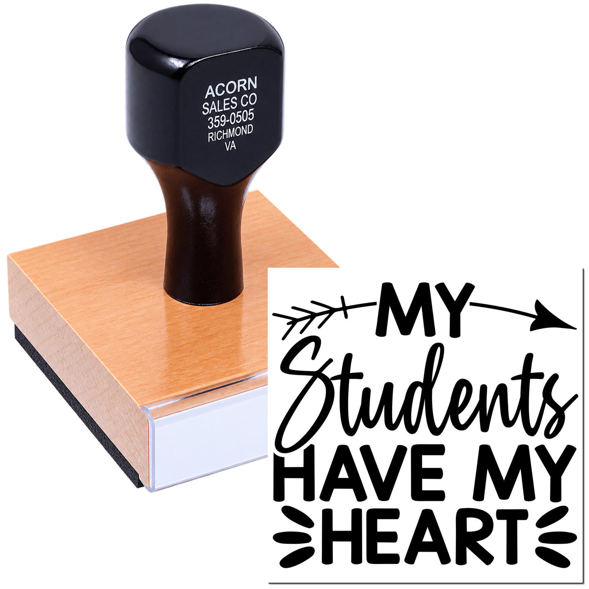 Custom teacher rubber stamp reading My Students Have My Heart for classroom gifts and appreciation