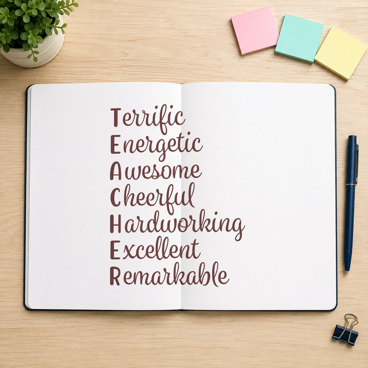 Teacher Positive Traits Acrostic rubber stamp printed in brown ink, ready for alphabet bin labels and similar paper crafts.