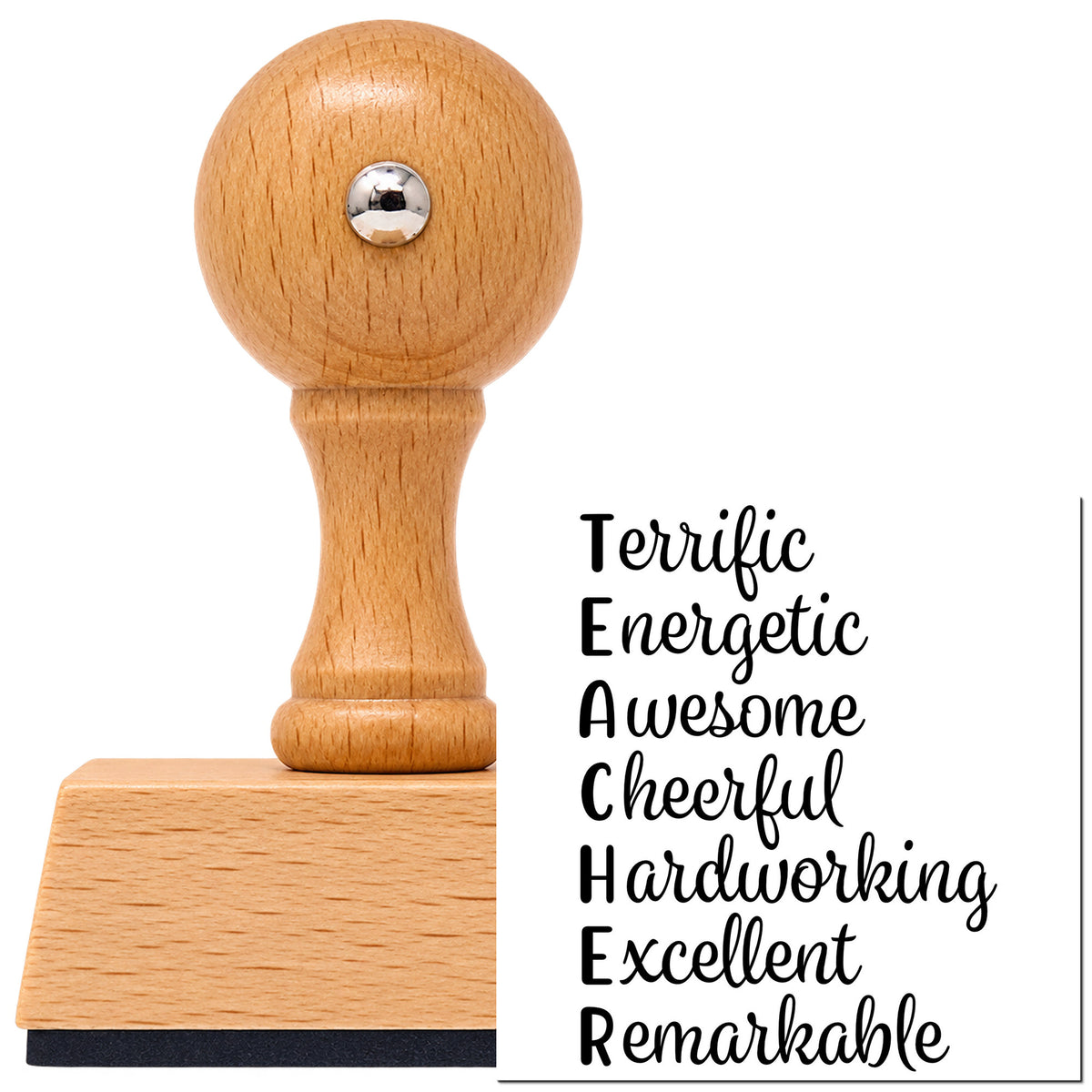 Teacher Positive Traits Word Ladder Vintage Pro rubber stamp in European beech wood with a round knob handle, shown beside its black imprint.