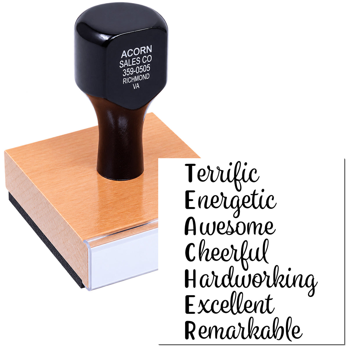 Motivational rubber stamp with positive teacher reward words: terrific, energetic, awesome, cheerful, hardworking, excellent, remarkable.