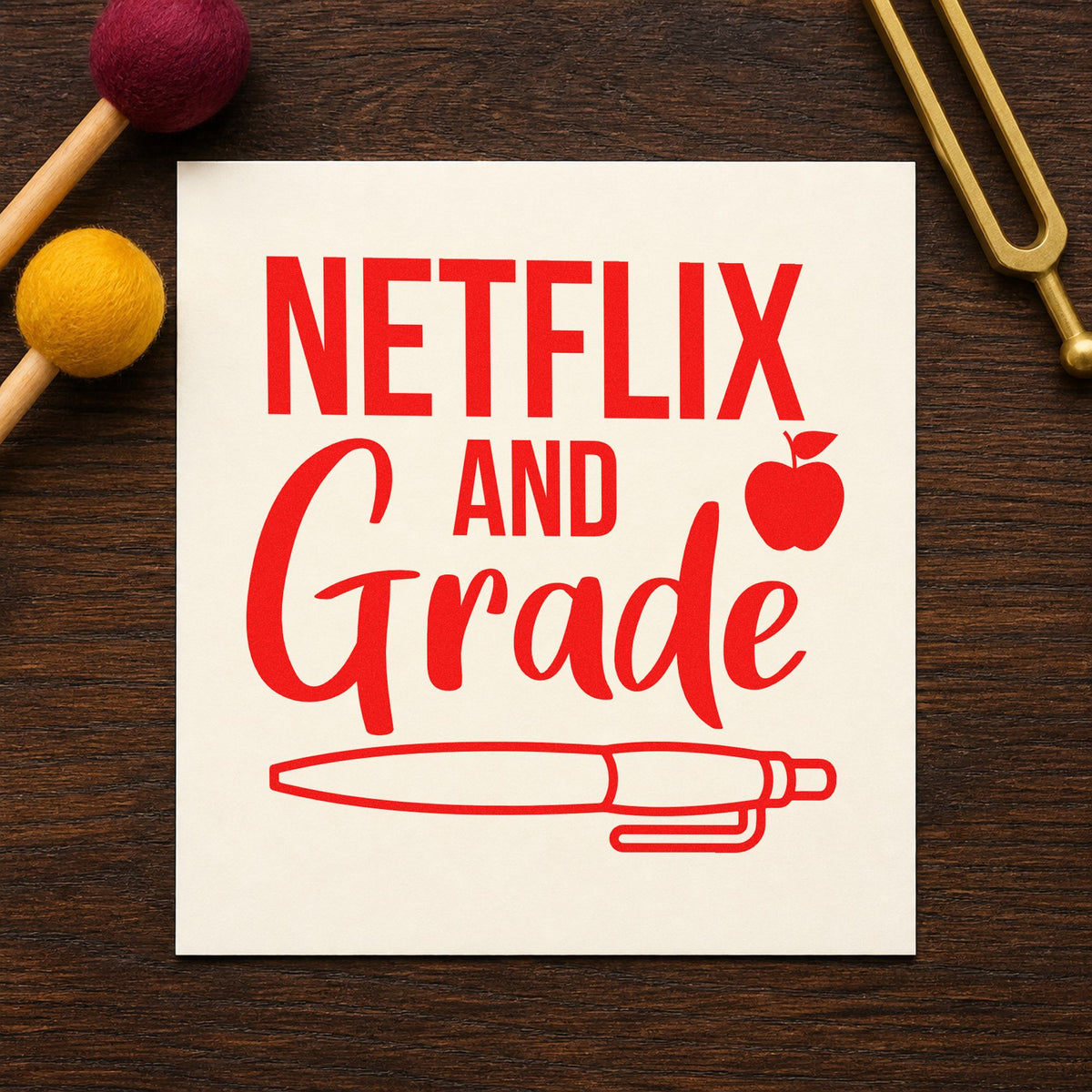 Netflix And Grade Pen rubber stamp shown in red ink, stamped for projects such as report night notes.