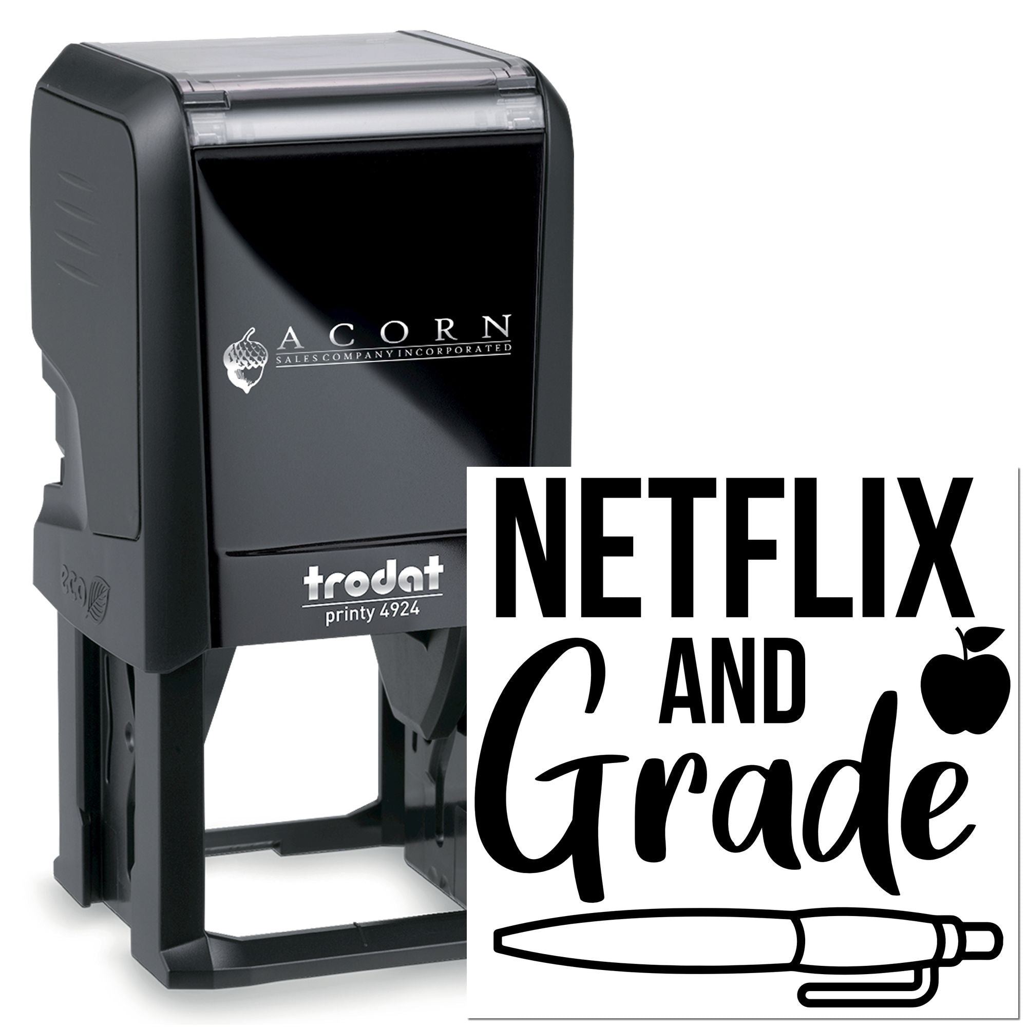 Custom Trodat Printy 4924 self-inking rubber stamp with Netflix and Grade teacher design for personalized classroom use.